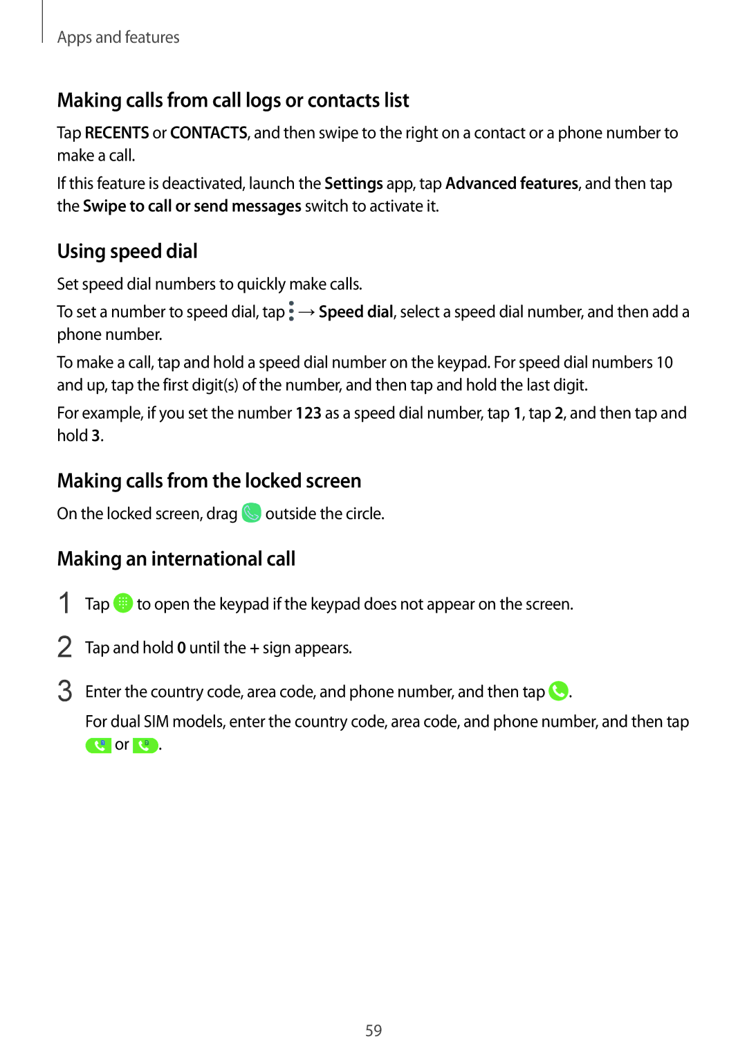 Samsung SM-G611FZKDKSA Making calls from call logs or contacts list, Using speed dial, Making calls from the locked screen 