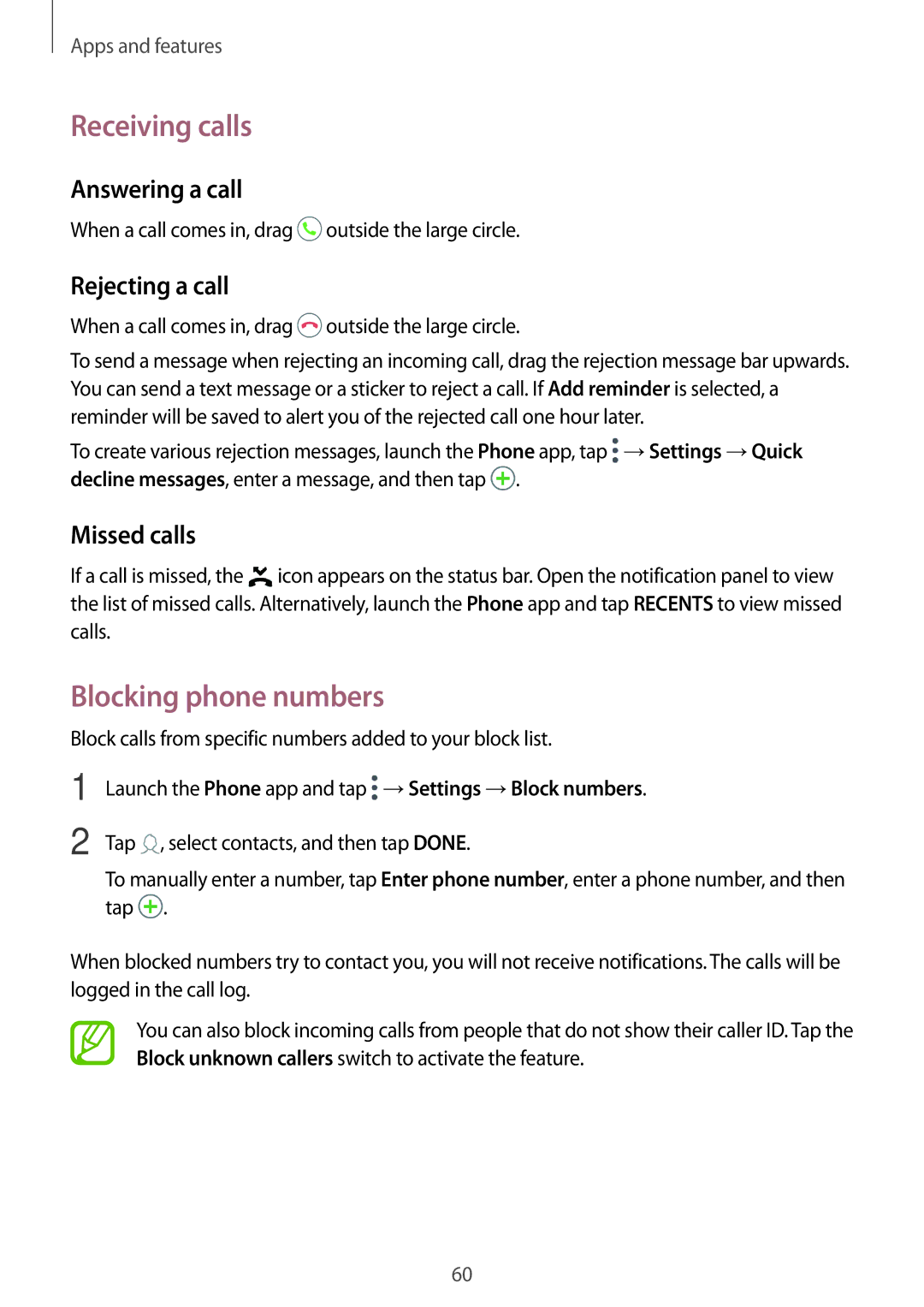 Samsung SM-G611FZDDKSA manual Receiving calls, Blocking phone numbers, Answering a call, Rejecting a call, Missed calls 