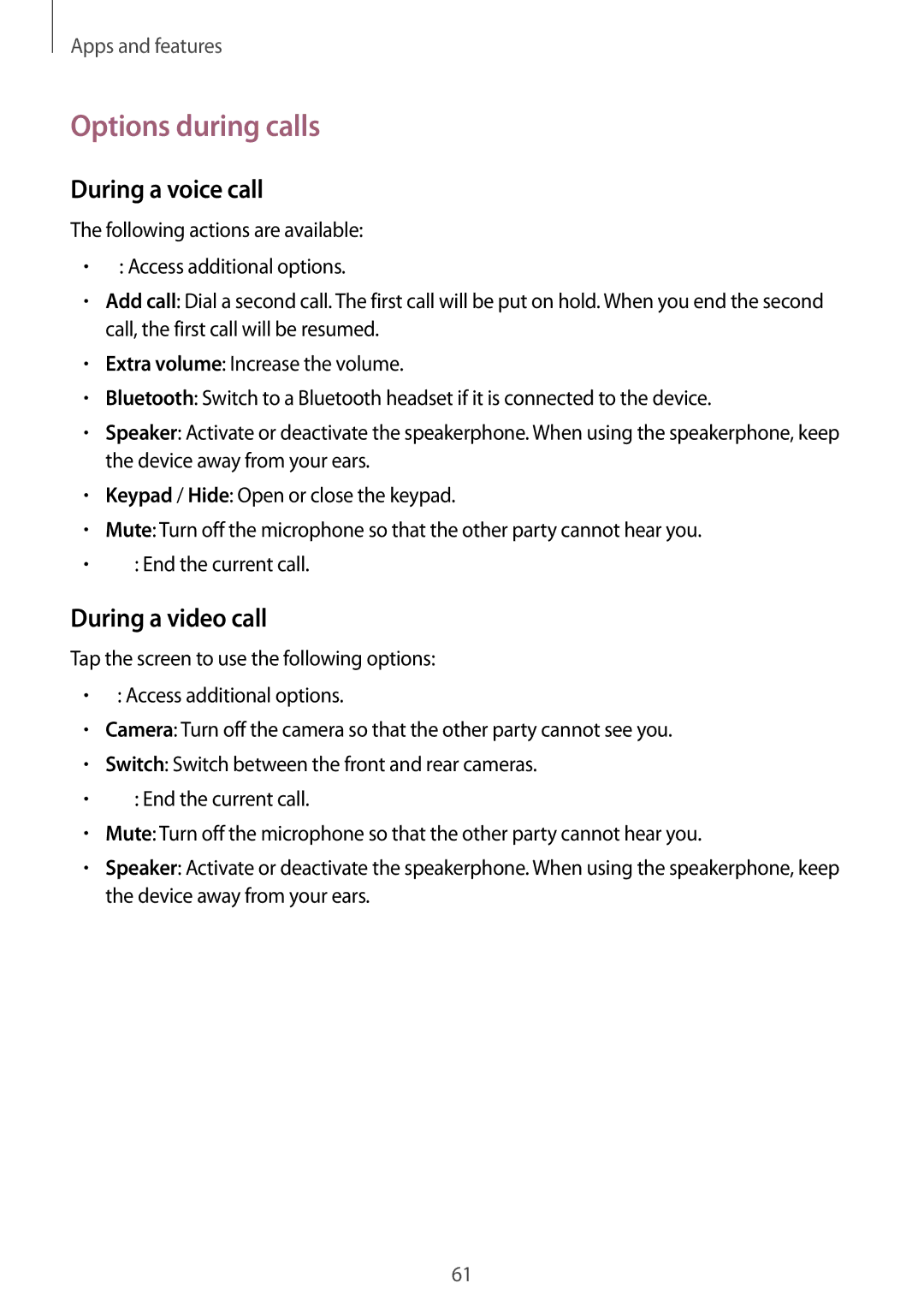 Samsung SM-G611FZKDKSA, SM-G611FZDDKSA manual Options during calls, During a voice call, During a video call 