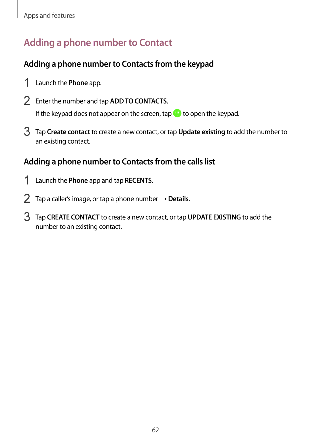 Samsung SM-G611FZDDKSA, SM-G611FZKDKSA manual Adding a phone number to Contacts from the keypad 