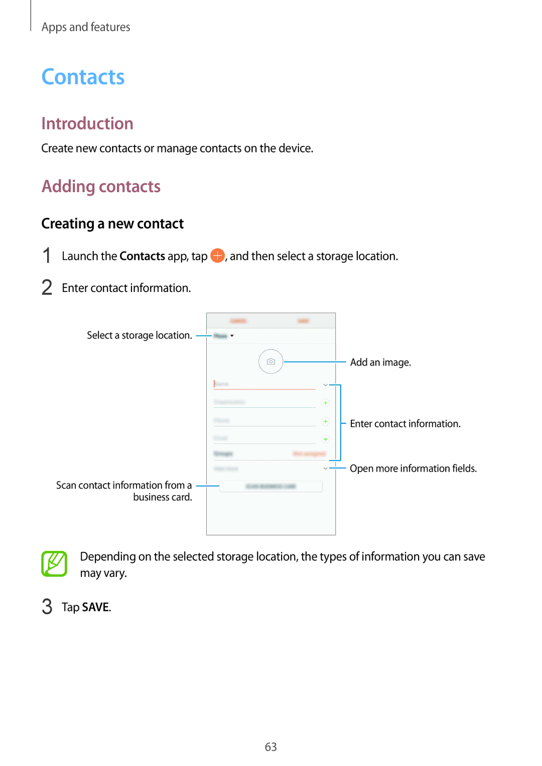 Samsung SM-G611FZKDKSA, SM-G611FZDDKSA manual Contacts, Adding contacts, Creating a new contact 