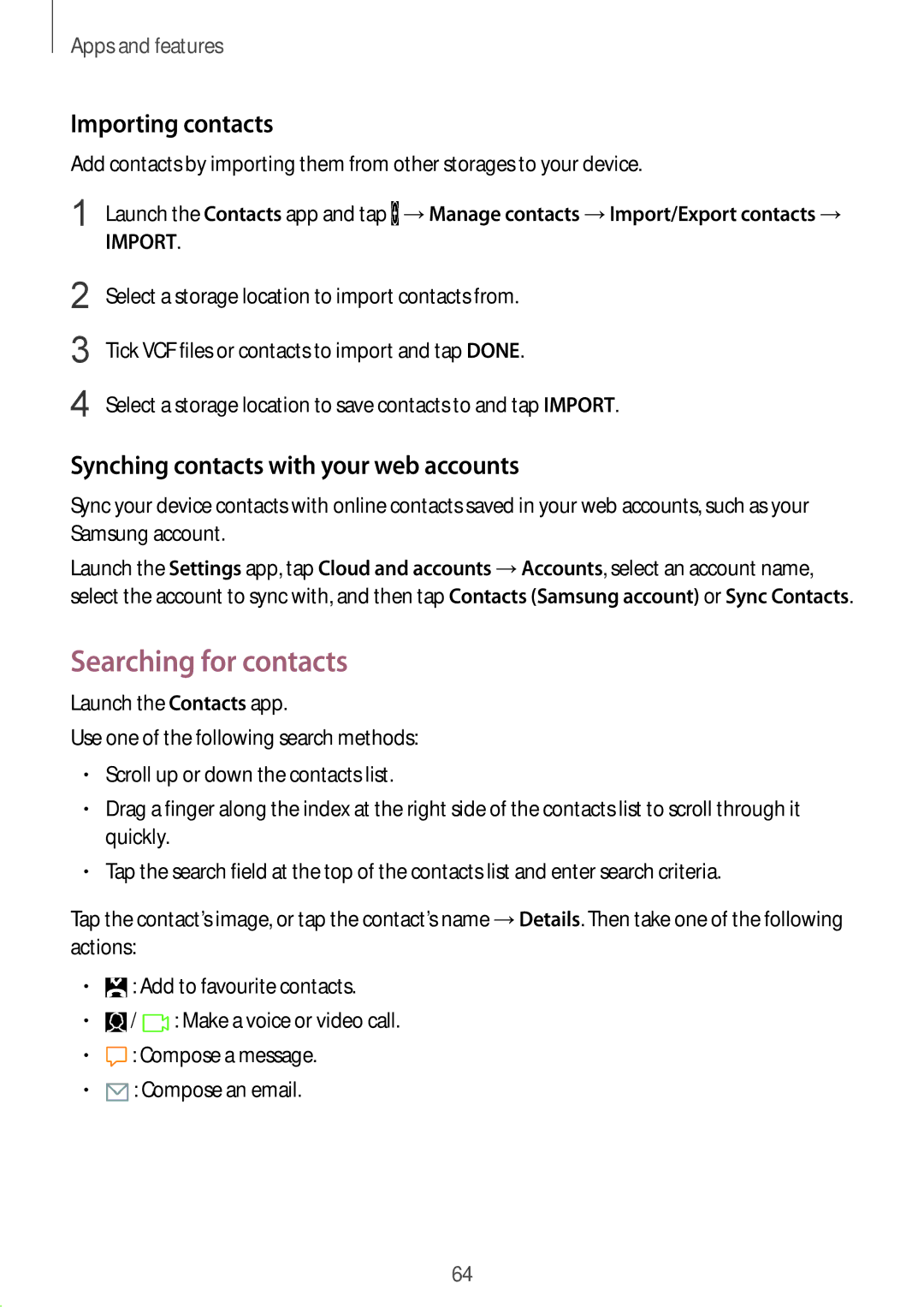 Samsung SM-G611FZDDKSA manual Searching for contacts, Importing contacts, Synching contacts with your web accounts 