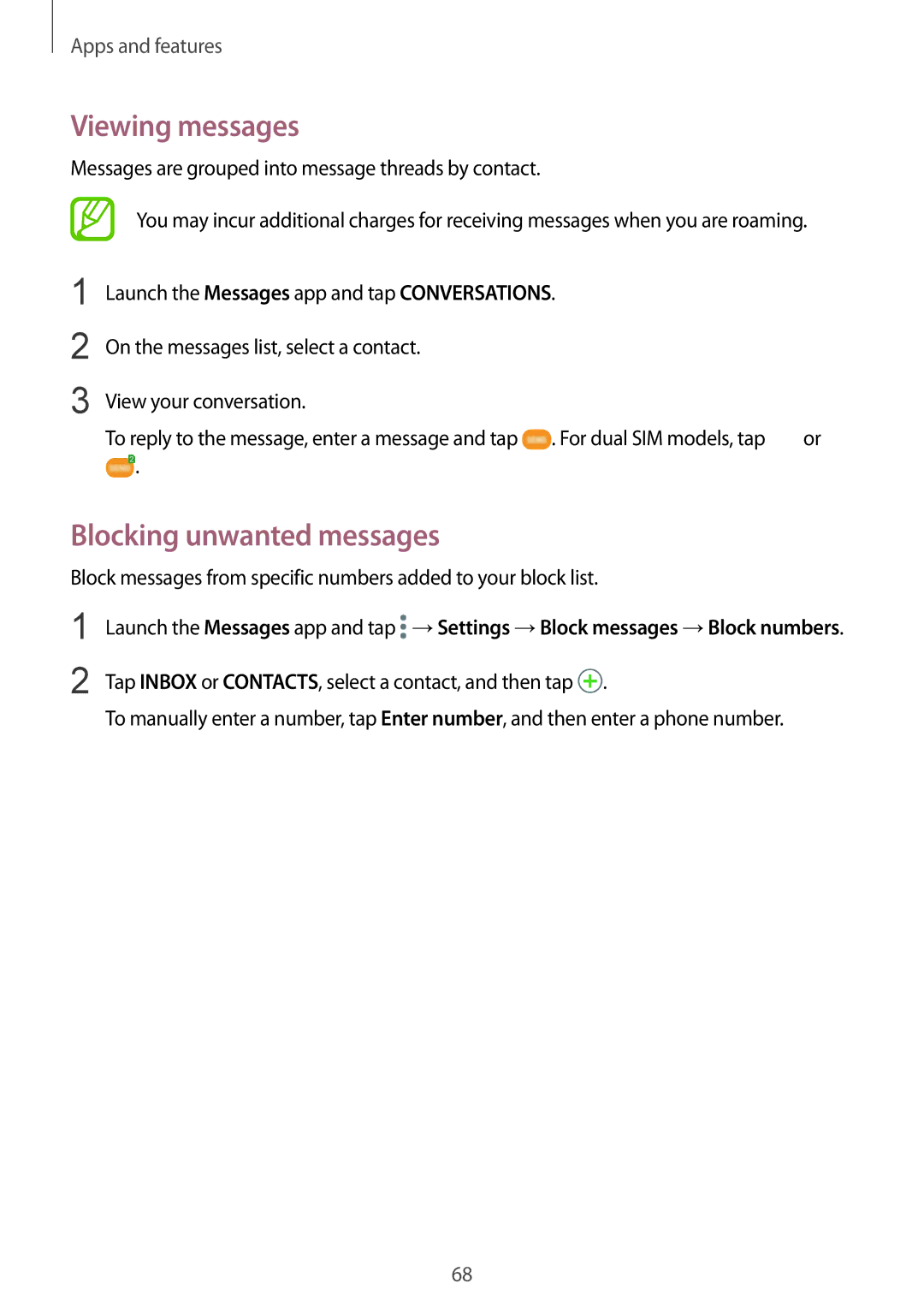 Samsung SM-G611FZDDKSA, SM-G611FZKDKSA manual Viewing messages, Blocking unwanted messages 