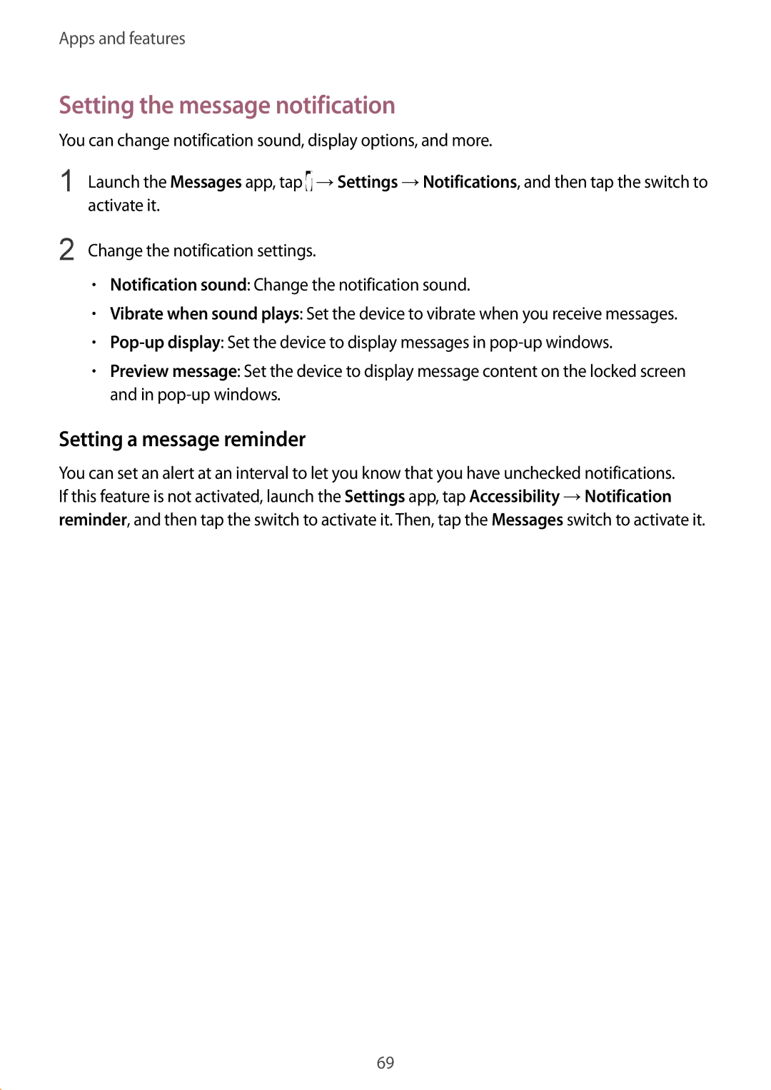 Samsung SM-G611FZKDKSA, SM-G611FZDDKSA manual Setting the message notification, Setting a message reminder 