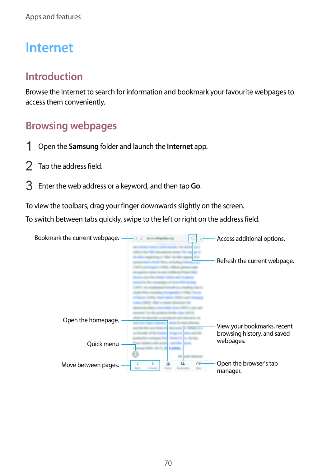 Samsung SM-G611FZDDKSA, SM-G611FZKDKSA manual Internet, Browsing webpages 