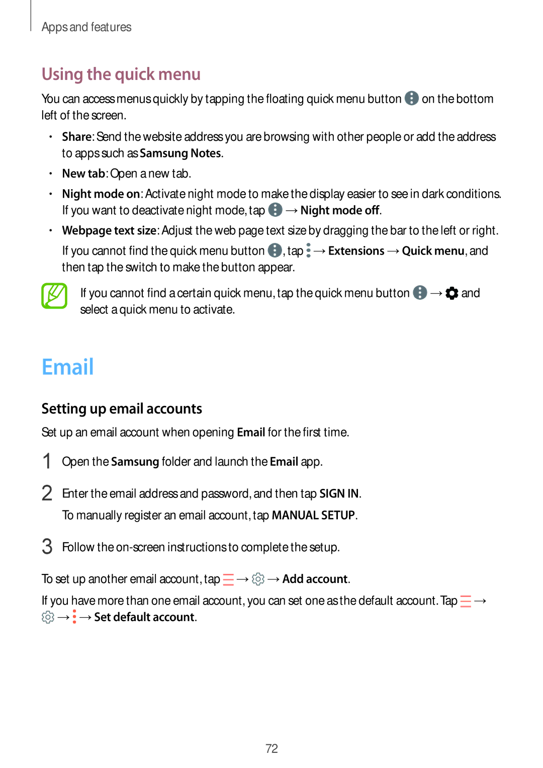 Samsung SM-G611FZDDKSA, SM-G611FZKDKSA manual Using the quick menu, Setting up email accounts 