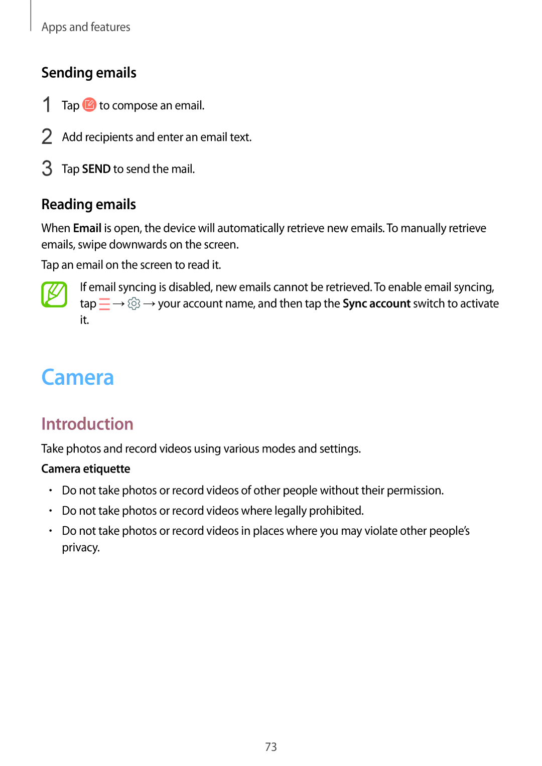 Samsung SM-G611FZKDKSA, SM-G611FZDDKSA Sending emails, Reading emails, Tap Send to send the mail, Camera etiquette 