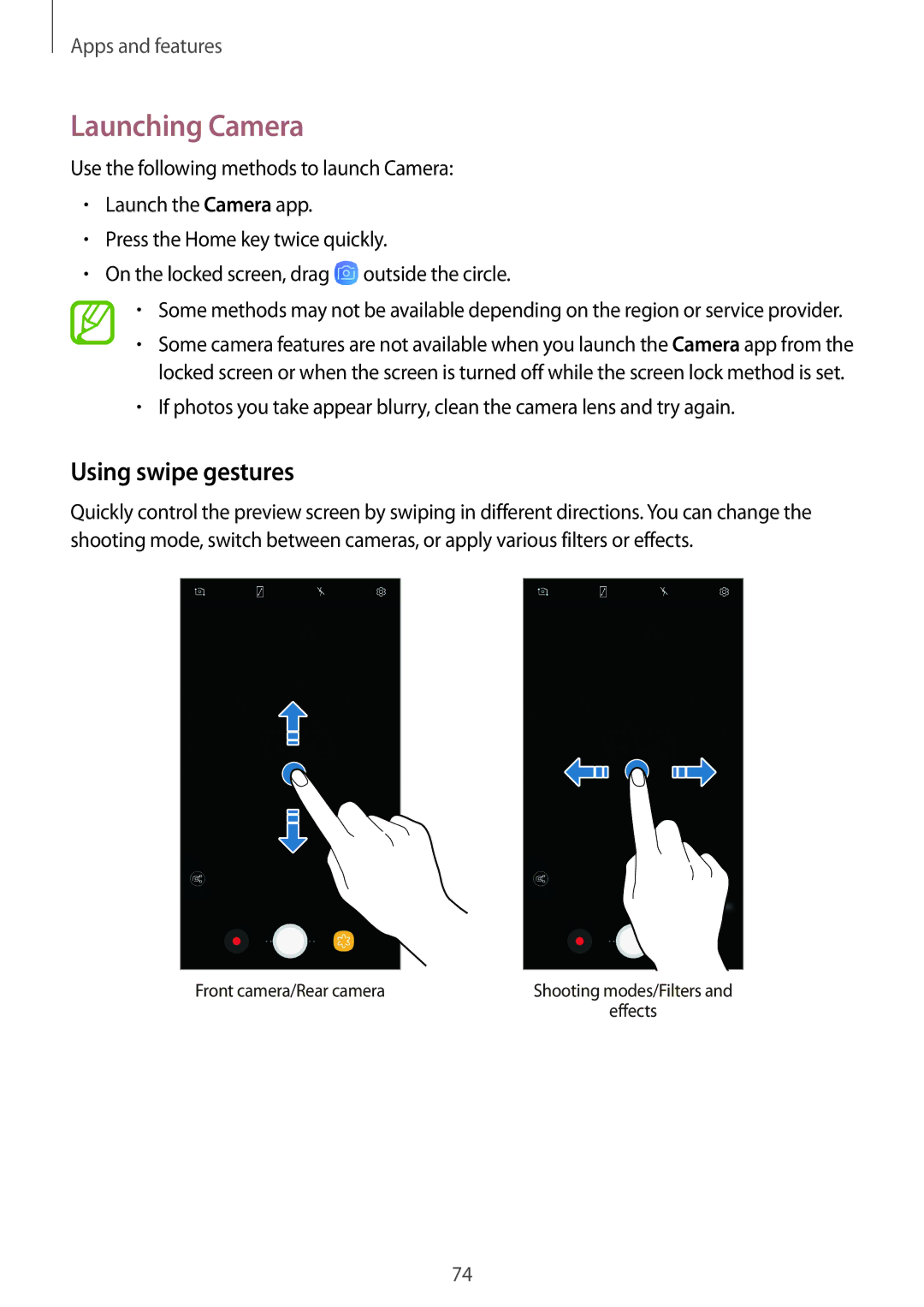 Samsung SM-G611FZDDKSA, SM-G611FZKDKSA manual Launching Camera, Using swipe gestures 