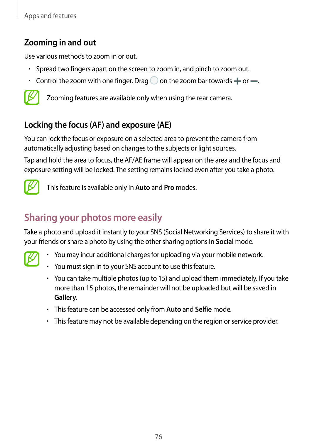 Samsung SM-G611FZDDKSA manual Sharing your photos more easily, Zooming in and out, Locking the focus AF and exposure AE 