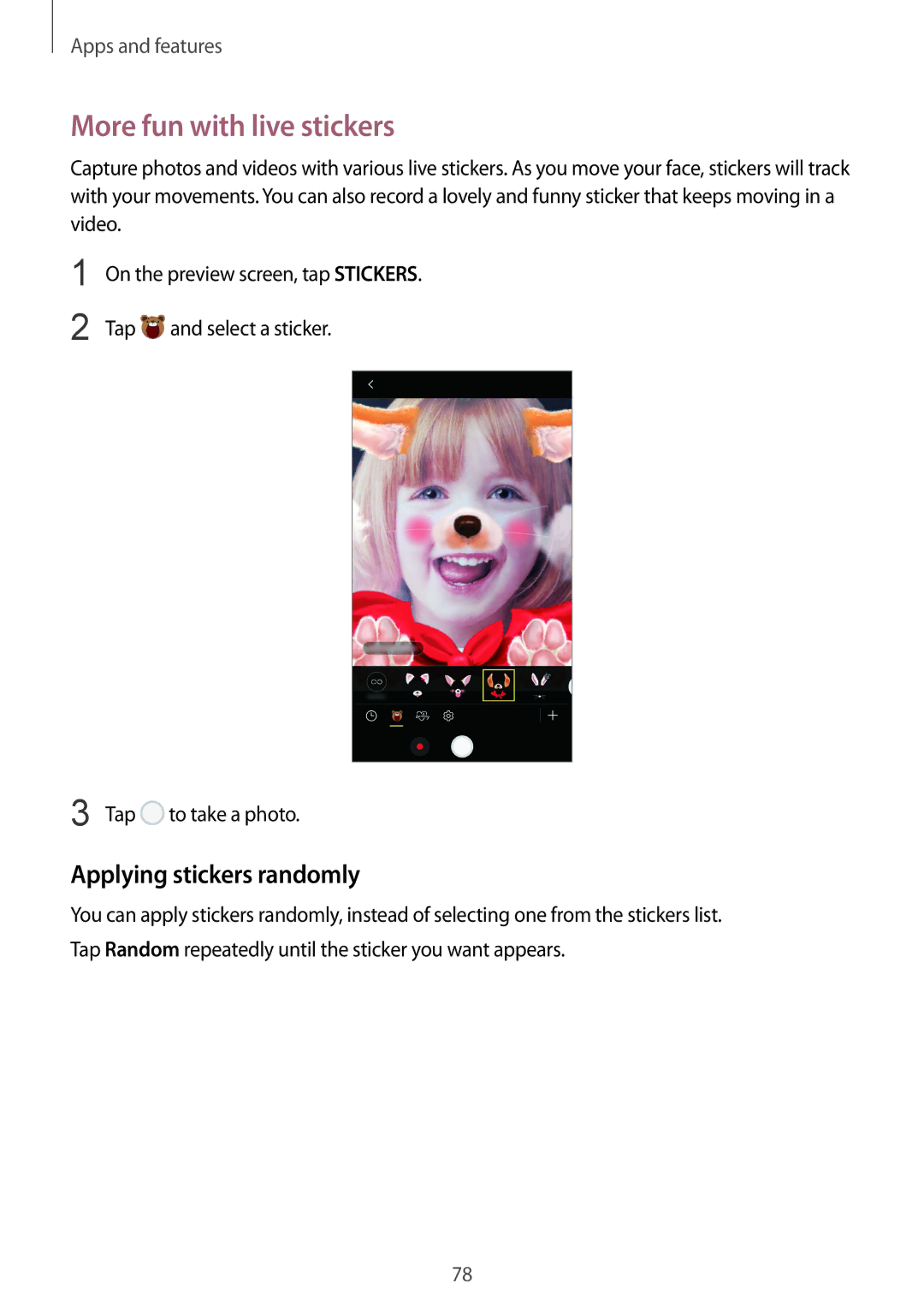 Samsung SM-G611FZDDKSA, SM-G611FZKDKSA manual More fun with live stickers, Applying stickers randomly 