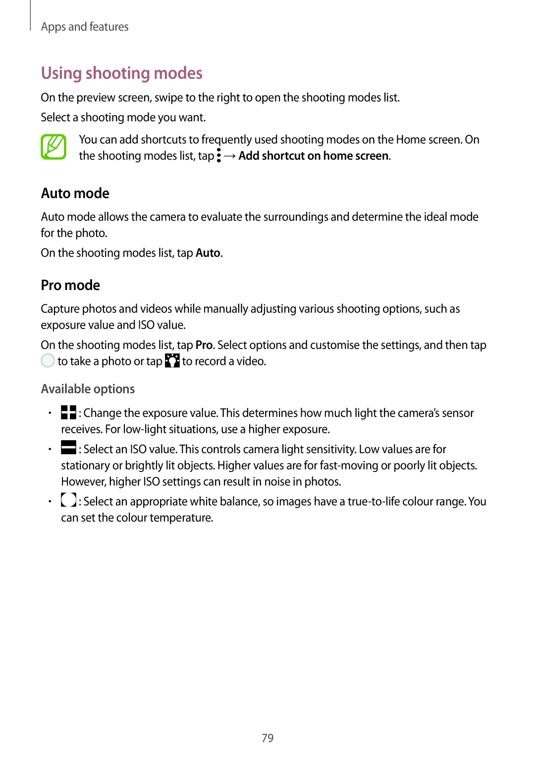 Samsung SM-G611FZKDKSA, SM-G611FZDDKSA manual Using shooting modes, Auto mode, Pro mode, Available options 