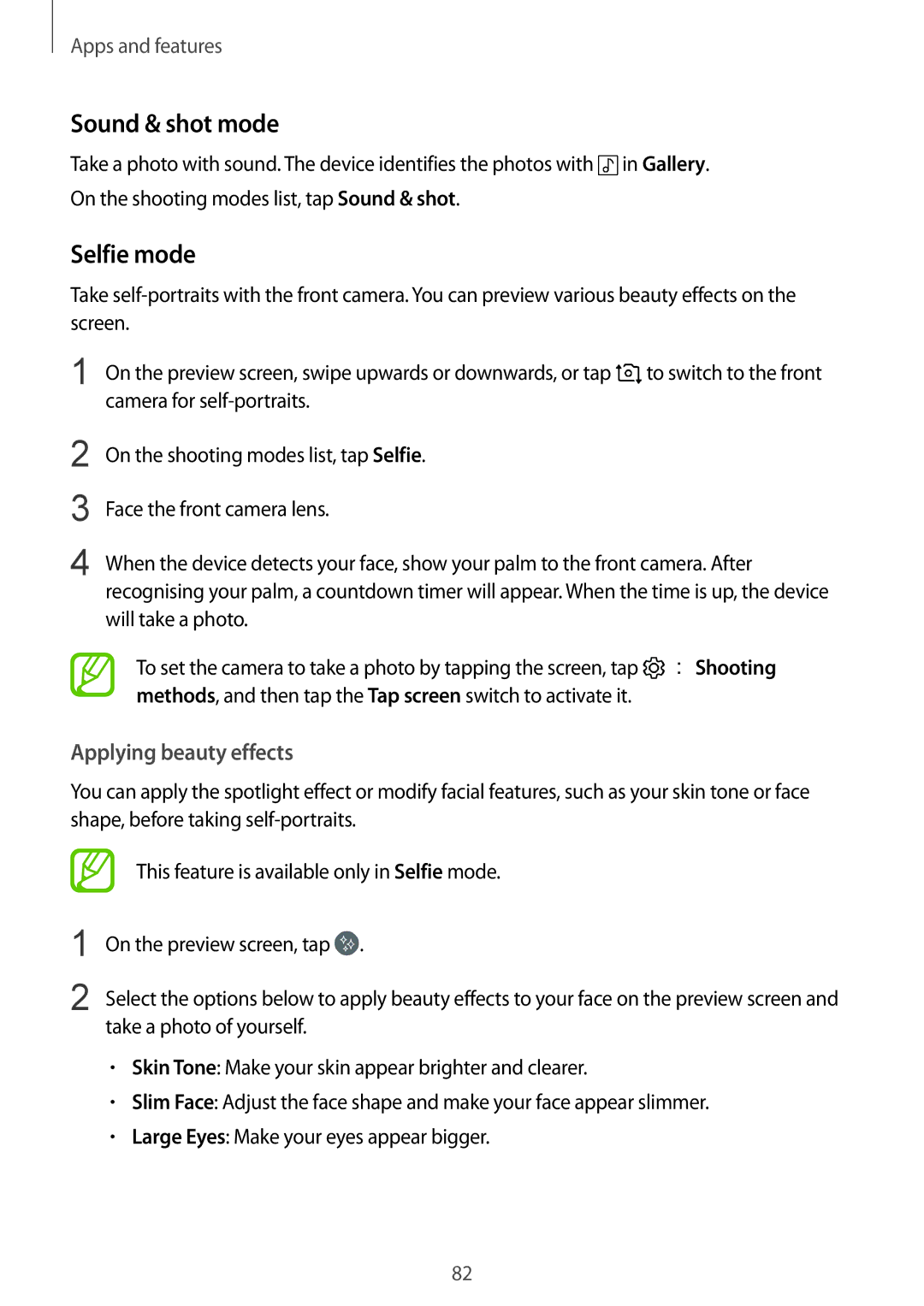 Samsung SM-G611FZDDKSA, SM-G611FZKDKSA manual Sound & shot mode, Selfie mode, Applying beauty effects 