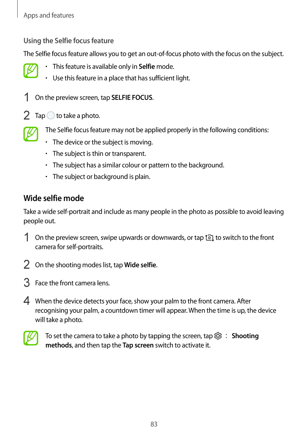 Samsung SM-G611FZKDKSA, SM-G611FZDDKSA manual Wide selfie mode, Using the Selfie focus feature 