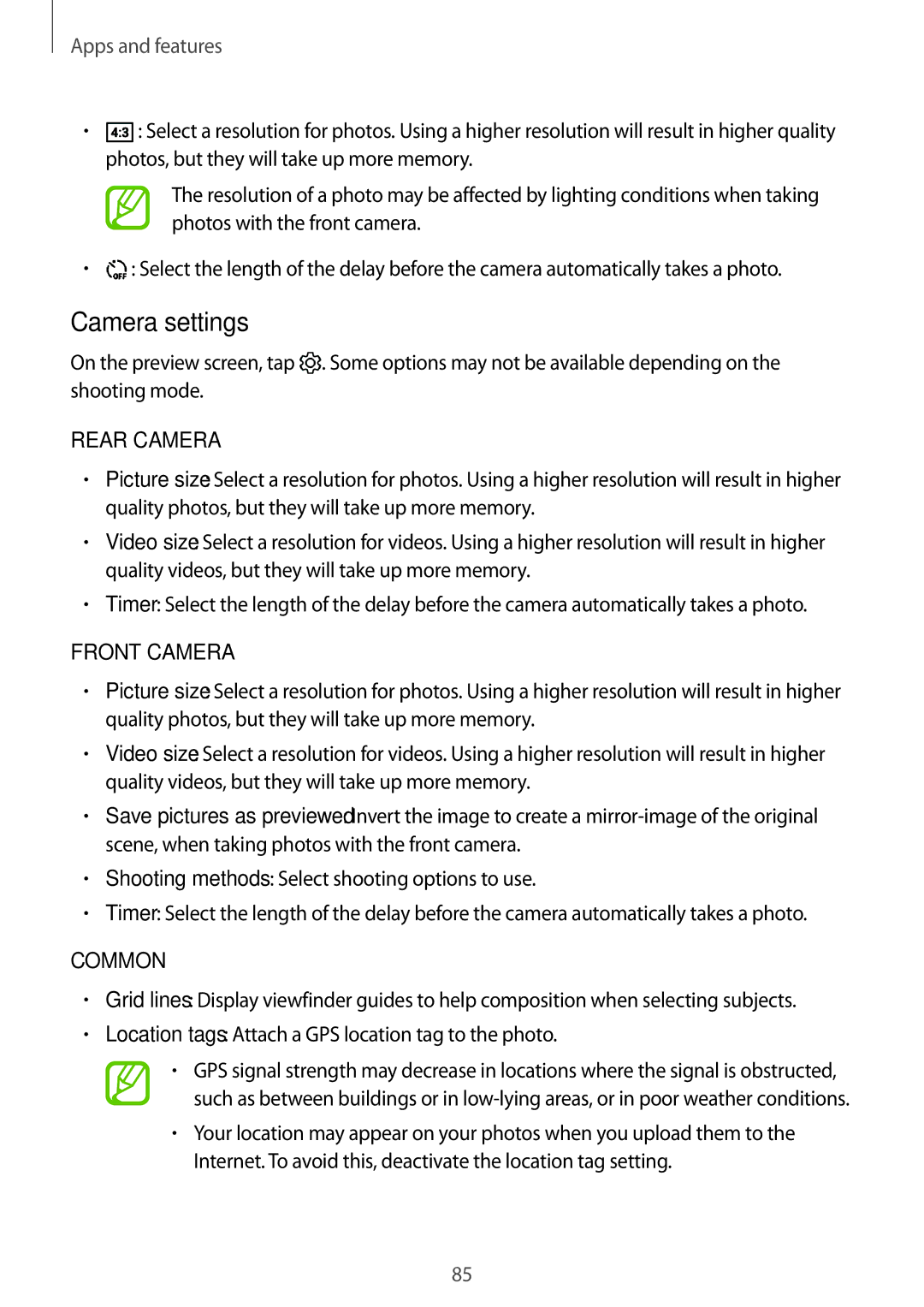 Samsung SM-G611FZKDKSA, SM-G611FZDDKSA manual Camera settings, Rear Camera 