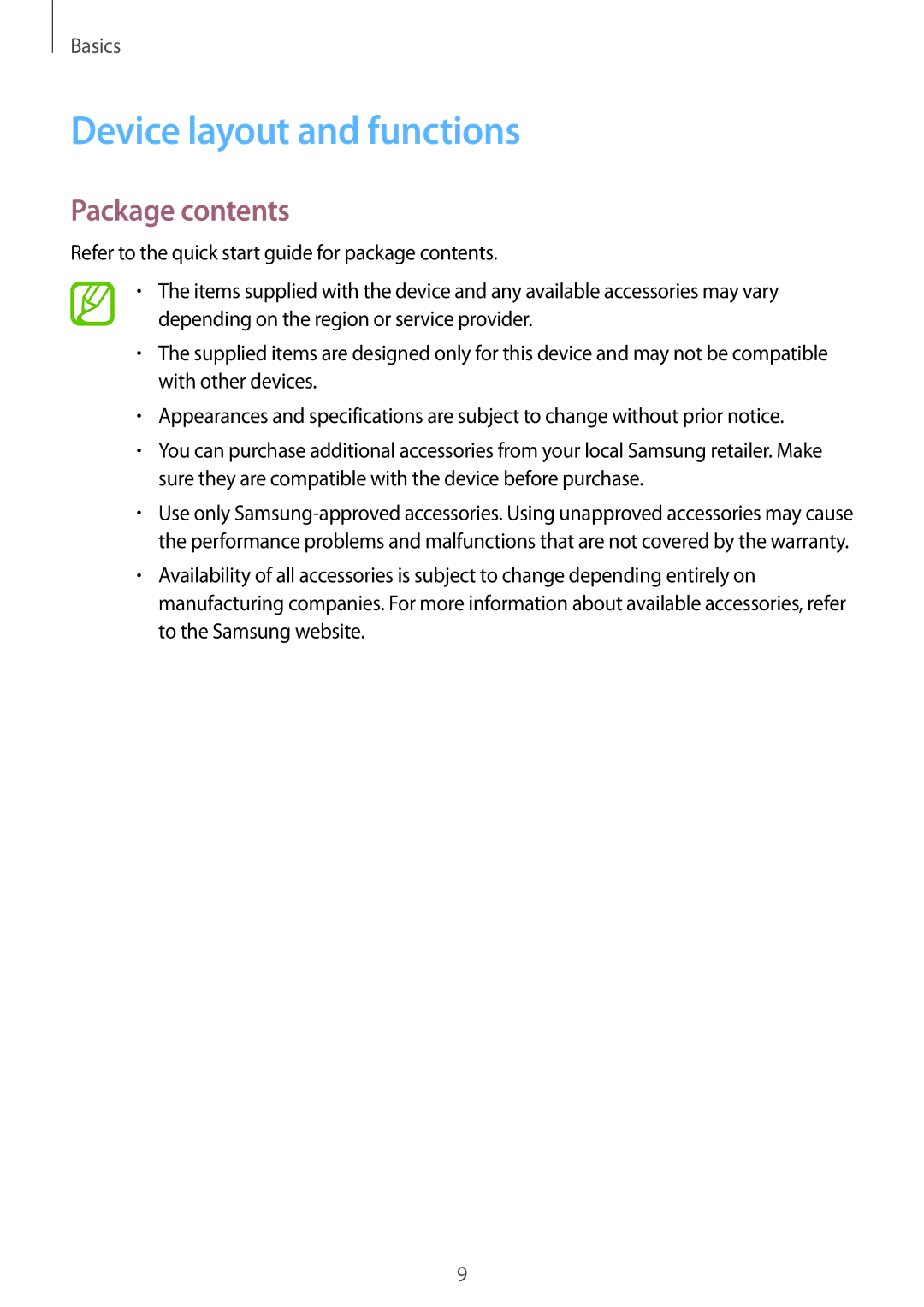 Samsung SM-G611FZKDKSA, SM-G611FZDDKSA manual Device layout and functions, Package contents 