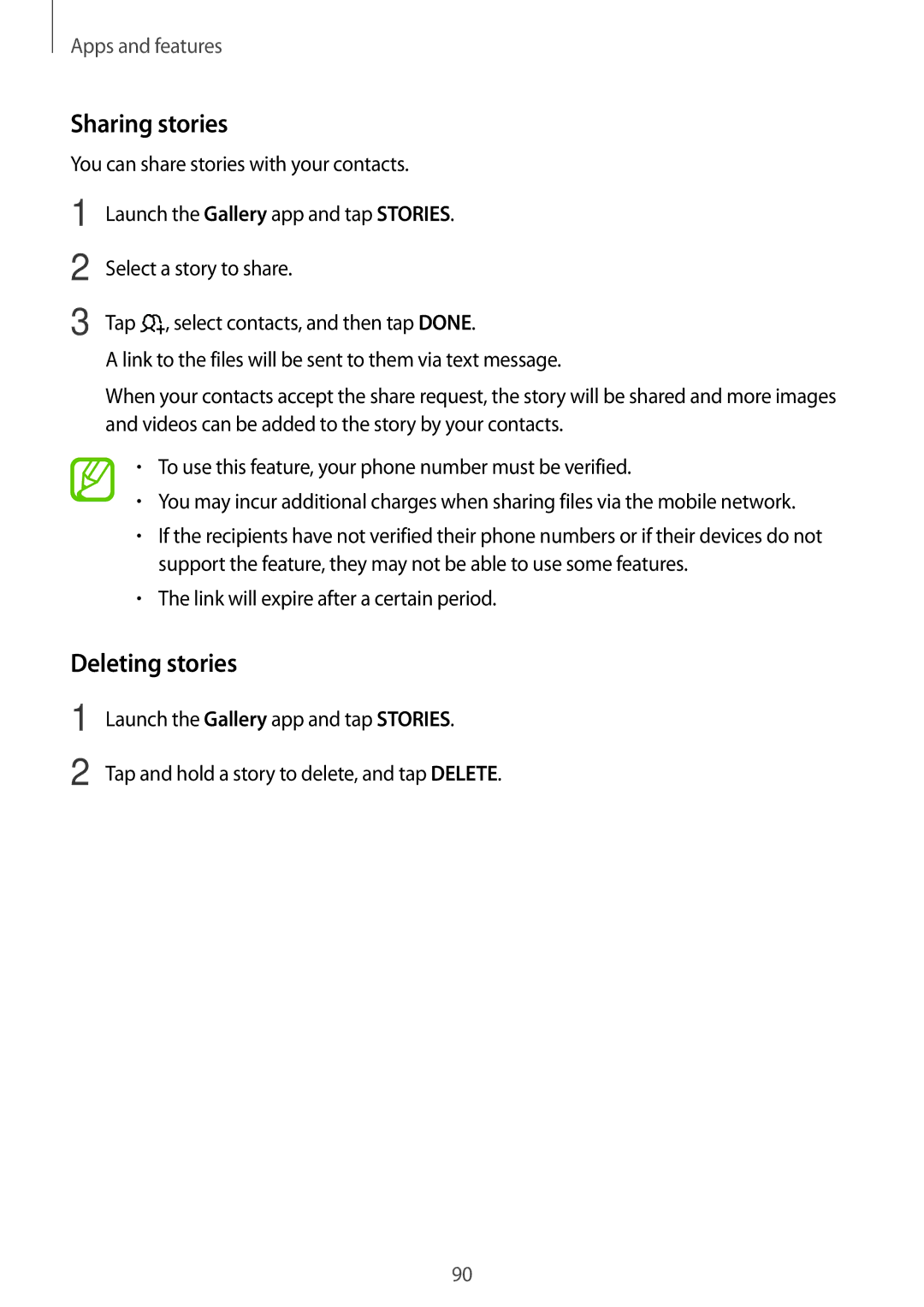 Samsung SM-G611FZDDKSA, SM-G611FZKDKSA manual Sharing stories, Deleting stories, Link will expire after a certain period 