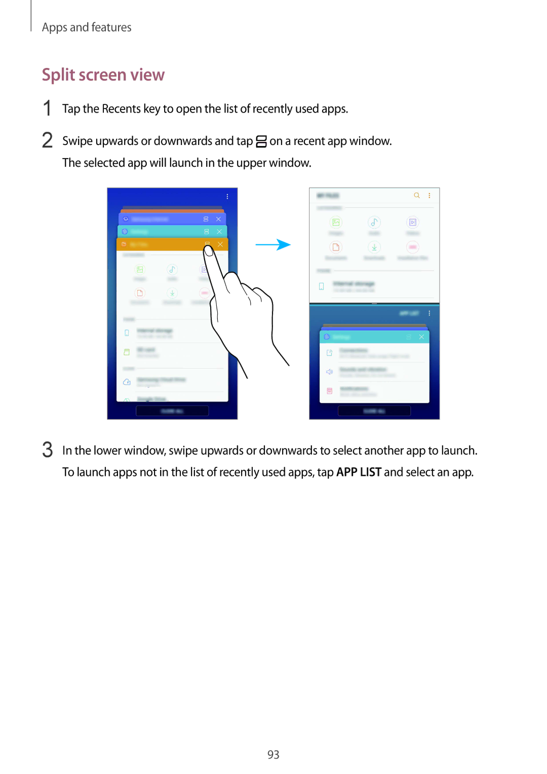 Samsung SM-G611FZKDKSA, SM-G611FZDDKSA manual Split screen view, Tap the Recents key to open the list of recently used apps 