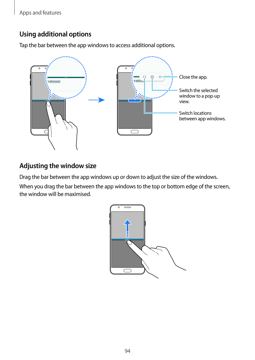 Samsung SM-G611FZDDKSA, SM-G611FZKDKSA manual Using additional options, Adjusting the window size 