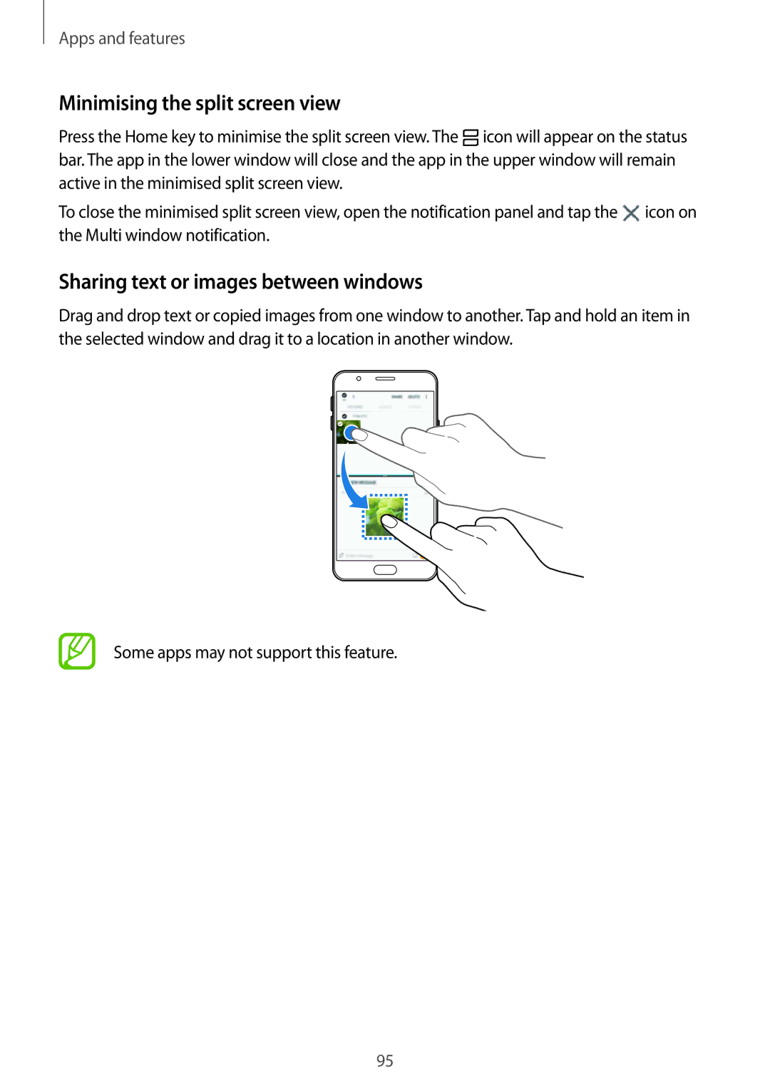 Samsung SM-G611FZKDKSA, SM-G611FZDDKSA manual Minimising the split screen view, Sharing text or images between windows 