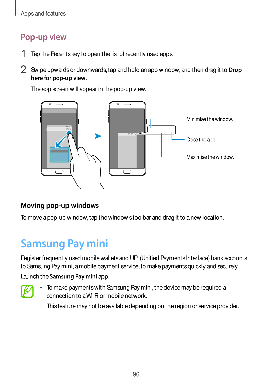 Samsung SM-G611FZDDKSA, SM-G611FZKDKSA manual Samsung Pay mini, Pop-up view, Moving pop-up windows, Here for pop-up view 