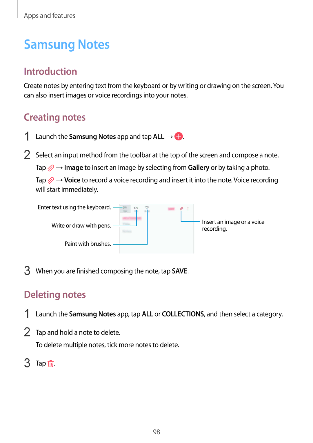 Samsung SM-G611FZDDKSA, SM-G611FZKDKSA manual Creating notes, Deleting notes, Launch the Samsung Notes app and tap ALL → 