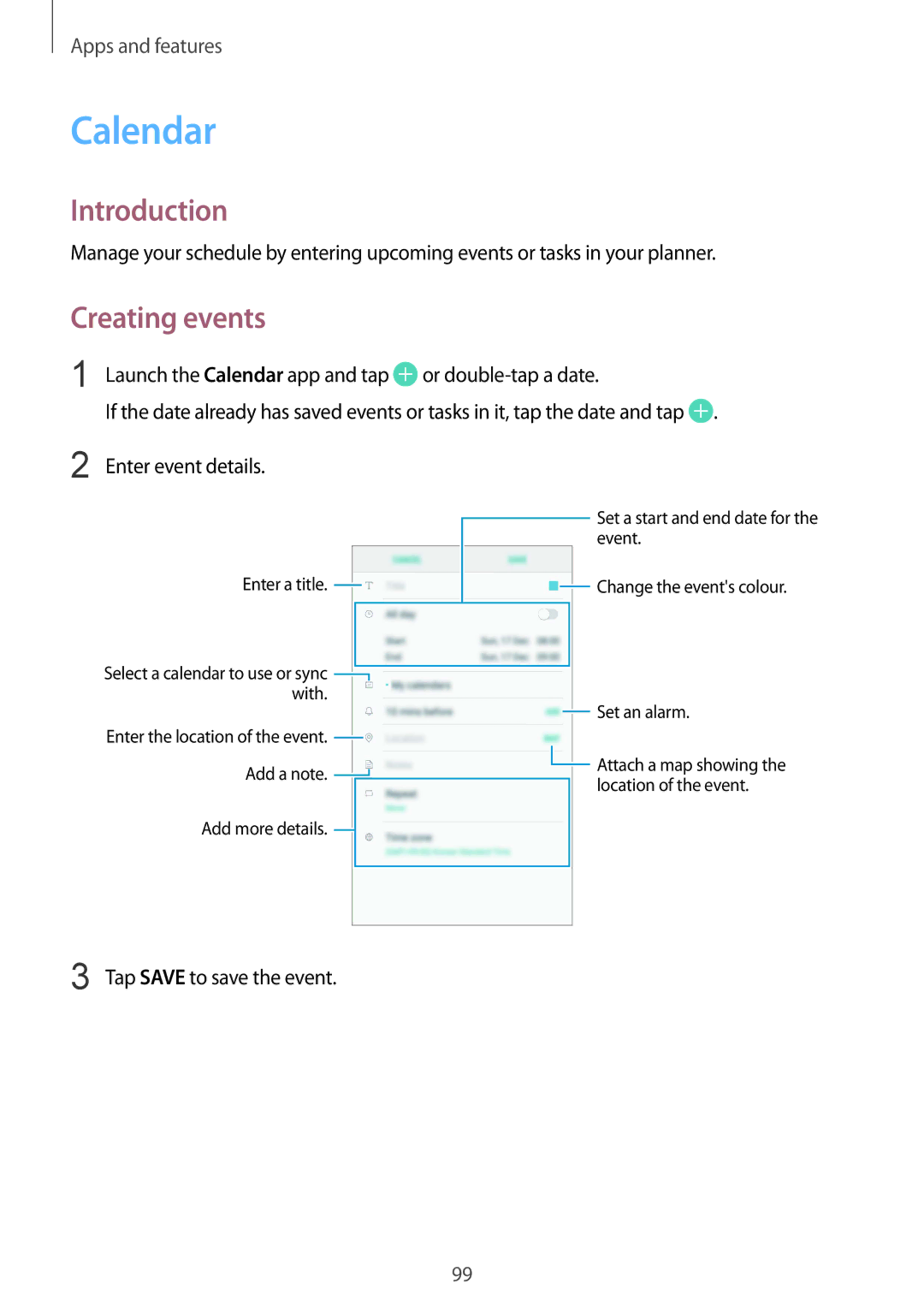 Samsung SM-G611FZKDKSA, SM-G611FZDDKSA manual Calendar, Creating events, Tap Save to save the event 