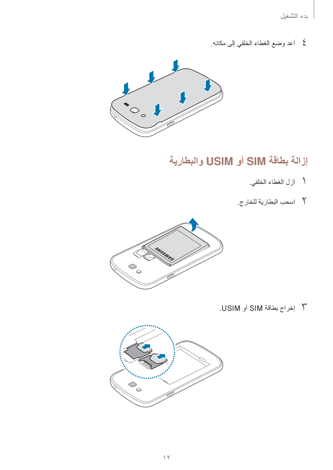 Samsung SM-G7102ZKAWTL, SM-G7102ZDAMID, SM-G7102ZDAXSG ةيراطبلاو Usim وأ SIM ةقاطب ةلازإ, هناكم ىلإ يفلخلا ءاطغلا عضو دعأ4 