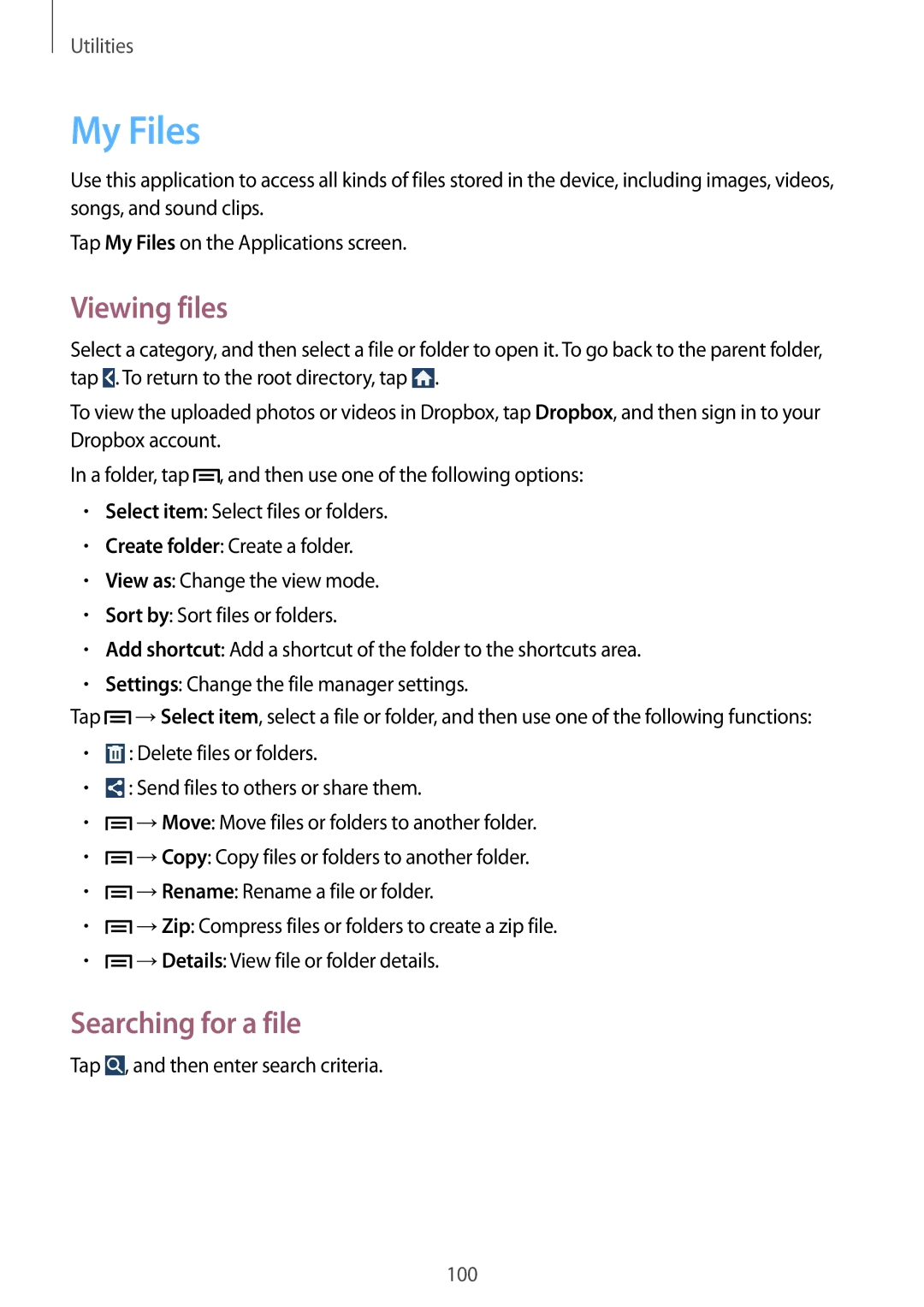 Samsung SM-G7102ZIAACR, SM-G7102ZDAMID, SM-G7102ZDAXSG, SM-G7102ZKATMC manual My Files, Viewing files, Searching for a file 
