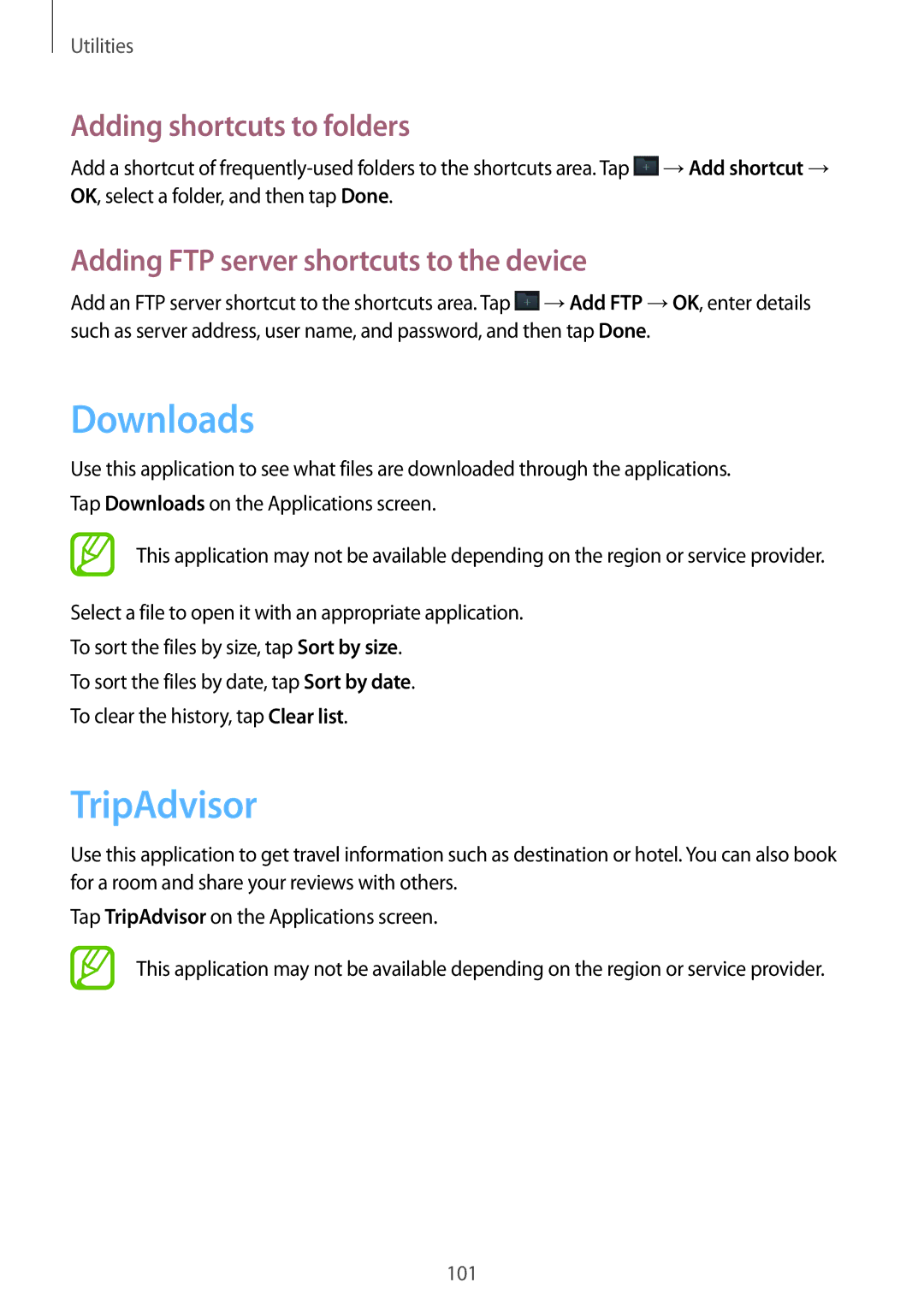 Samsung SM-G7102ZKAMID Downloads, TripAdvisor, Adding shortcuts to folders, Adding FTP server shortcuts to the device 