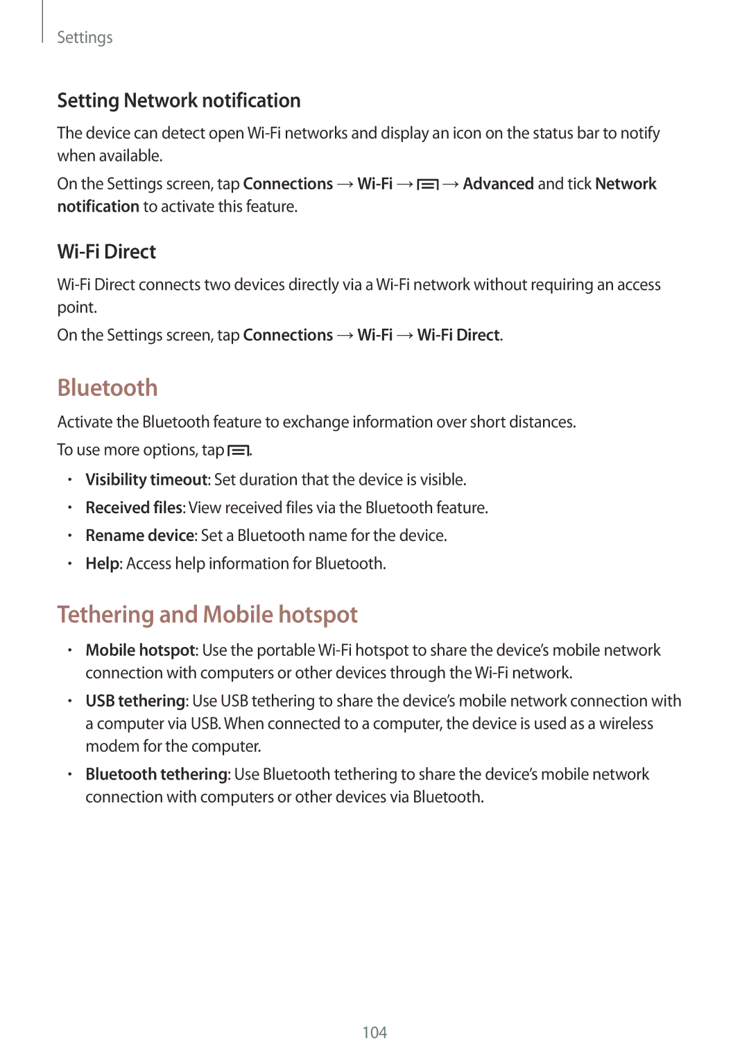 Samsung SM-G7102ZDAAFR, SM-G7102ZDAMID Bluetooth, Tethering and Mobile hotspot, Setting Network notification, Wi-Fi Direct 