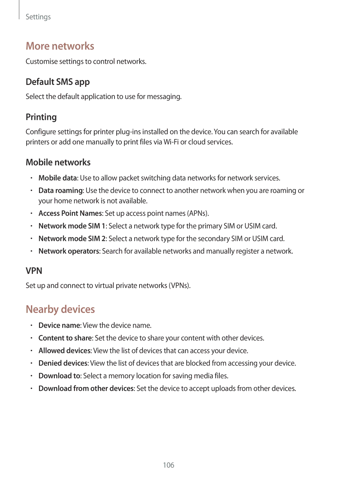 Samsung SM-G7102ZKAAFR, SM-G7102ZDAMID manual More networks, Nearby devices, Default SMS app, Printing, Mobile networks 