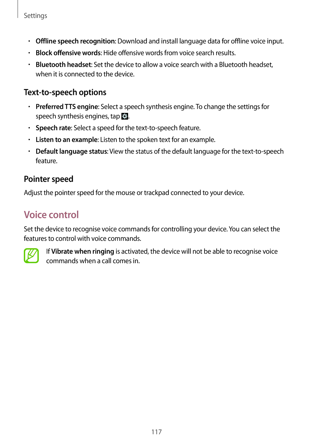 Samsung SM-G7102ZIASER, SM-G7102ZDAMID, SM-G7102ZDAXSG, SM-G7102ZKATMC Voice control, Text-to-speech options, Pointer speed 