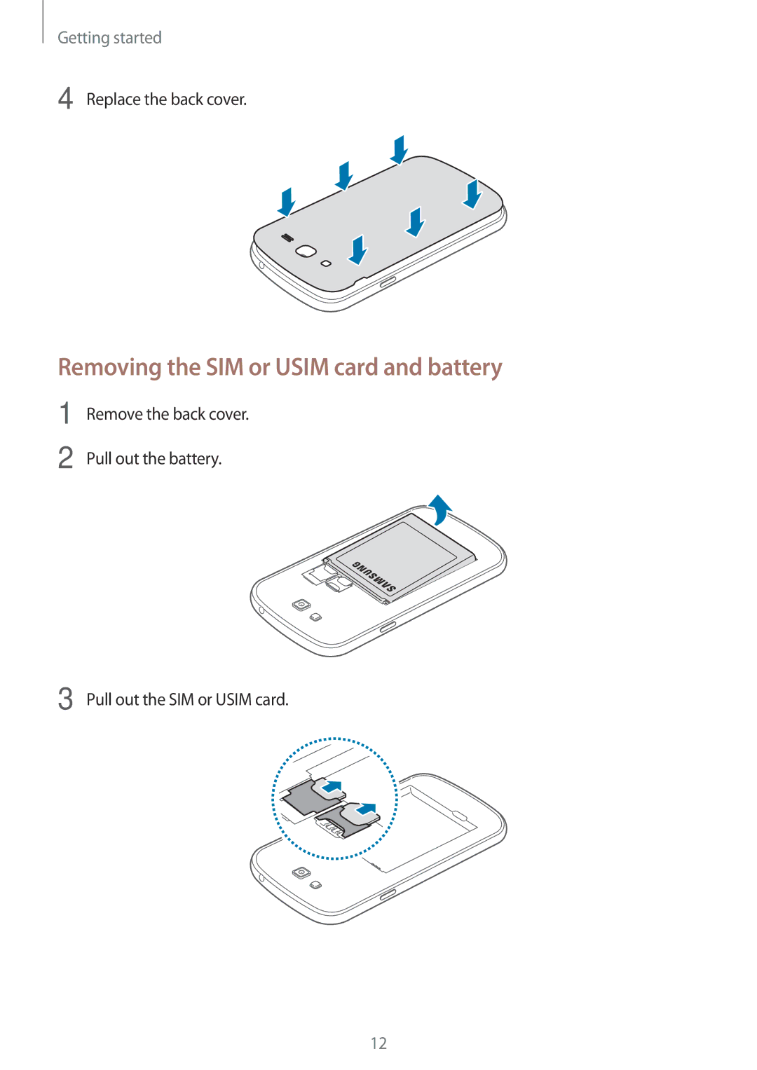 Samsung SM-G7102ZKAWTL, SM-G7102ZDAMID, SM-G7102ZDAXSG, SM-G7102ZKATMC manual Removing the SIM or Usim card and battery 