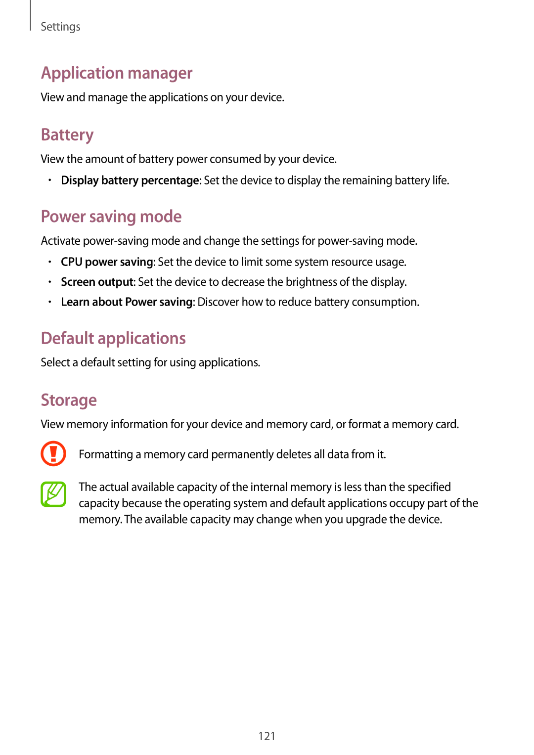 Samsung SM-G7102ZKAXFE, SM-G7102ZDAMID manual Application manager, Battery, Power saving mode, Default applications, Storage 