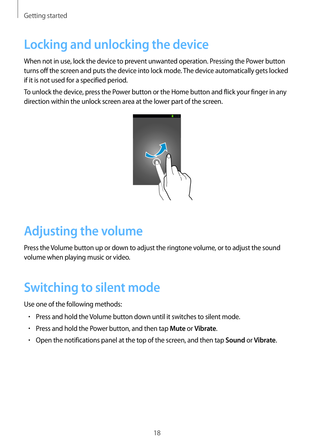 Samsung SM-G7102ZIATMC, SM-G7102ZDAMID Locking and unlocking the device, Adjusting the volume, Switching to silent mode 