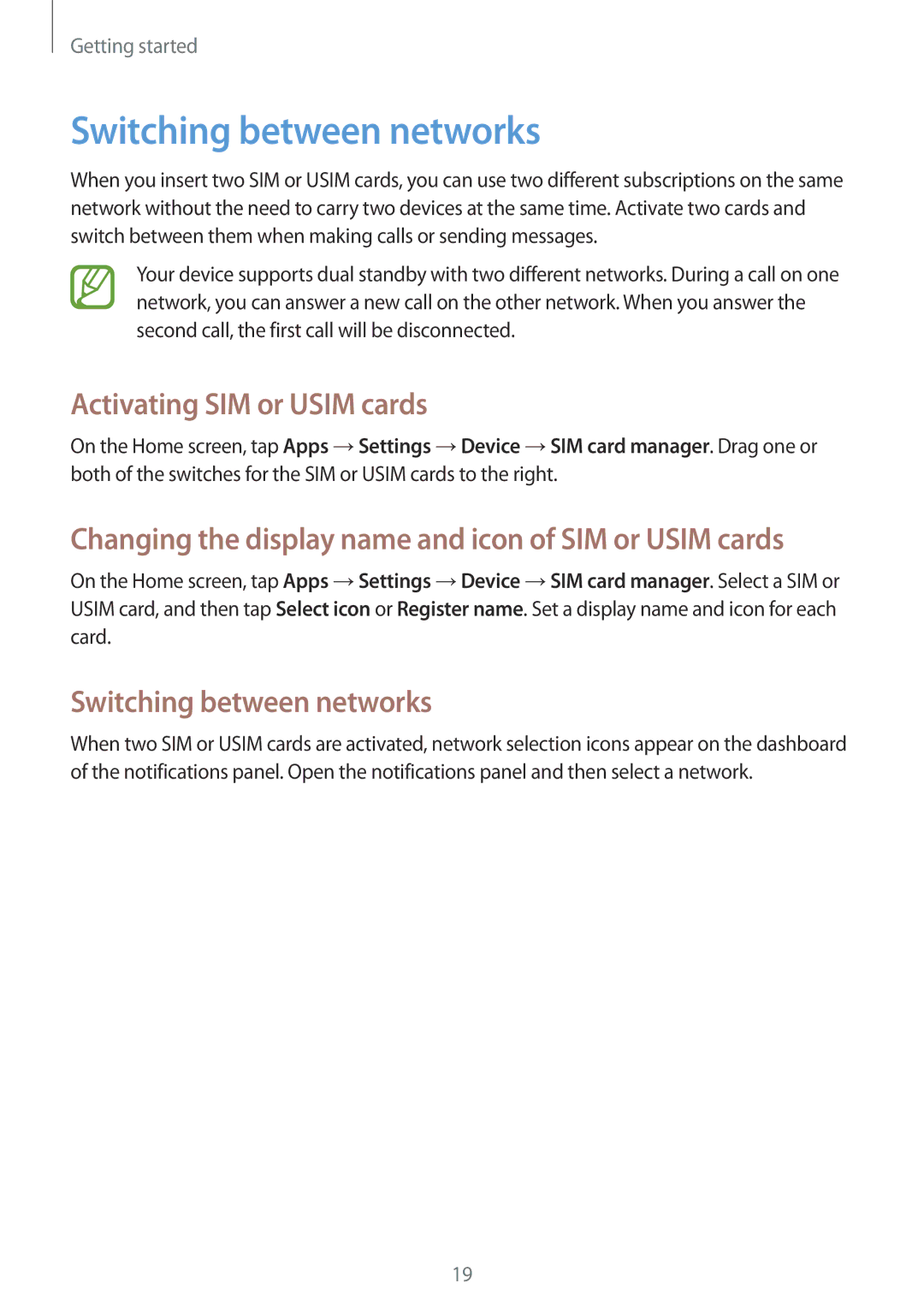 Samsung SM-G7102ZKAKSA, SM-G7102ZDAMID, SM-G7102ZDAXSG manual Switching between networks, Activating SIM or Usim cards 