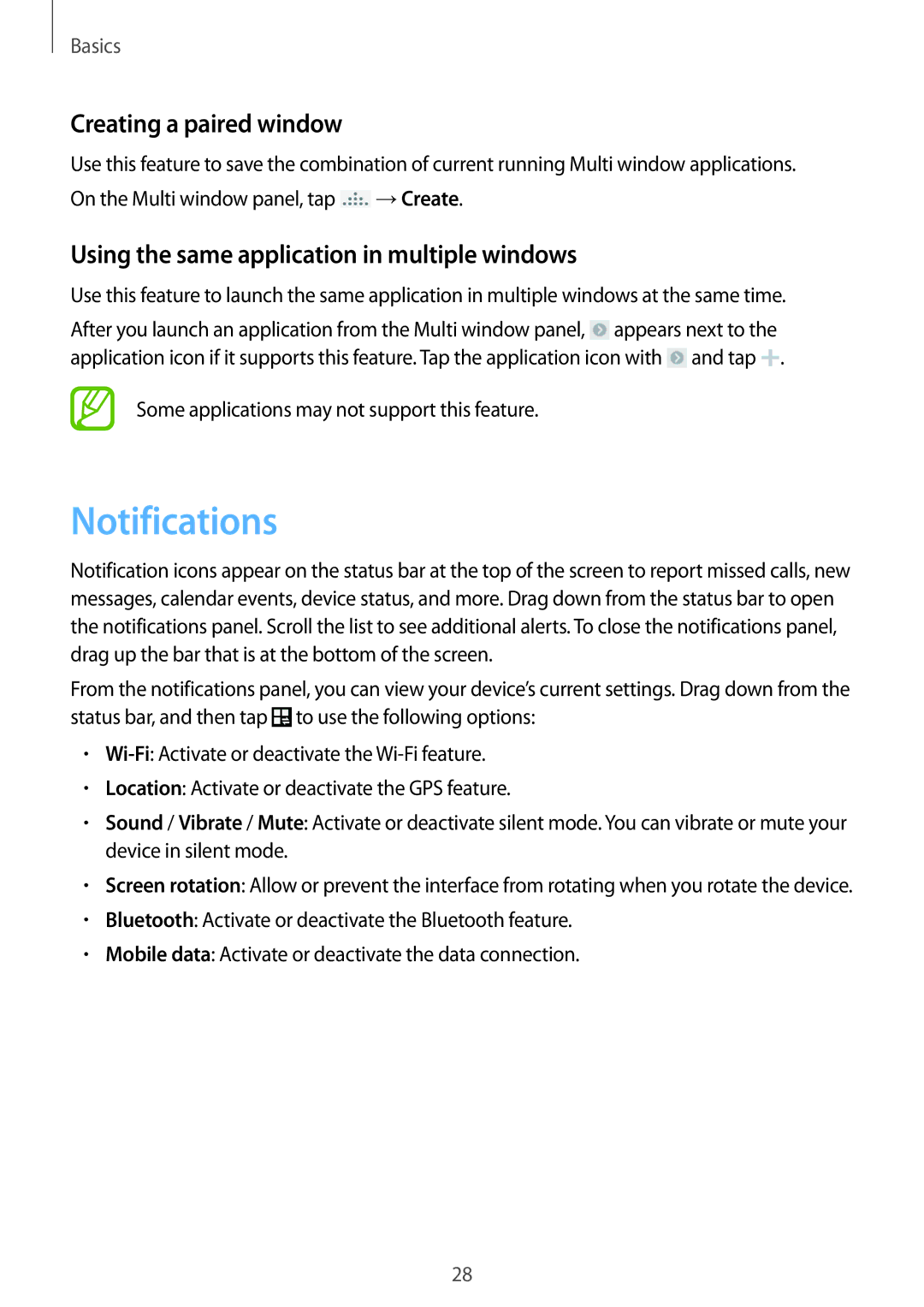 Samsung SM-G7102HAAAFG manual Notifications, Creating a paired window, Using the same application in multiple windows 