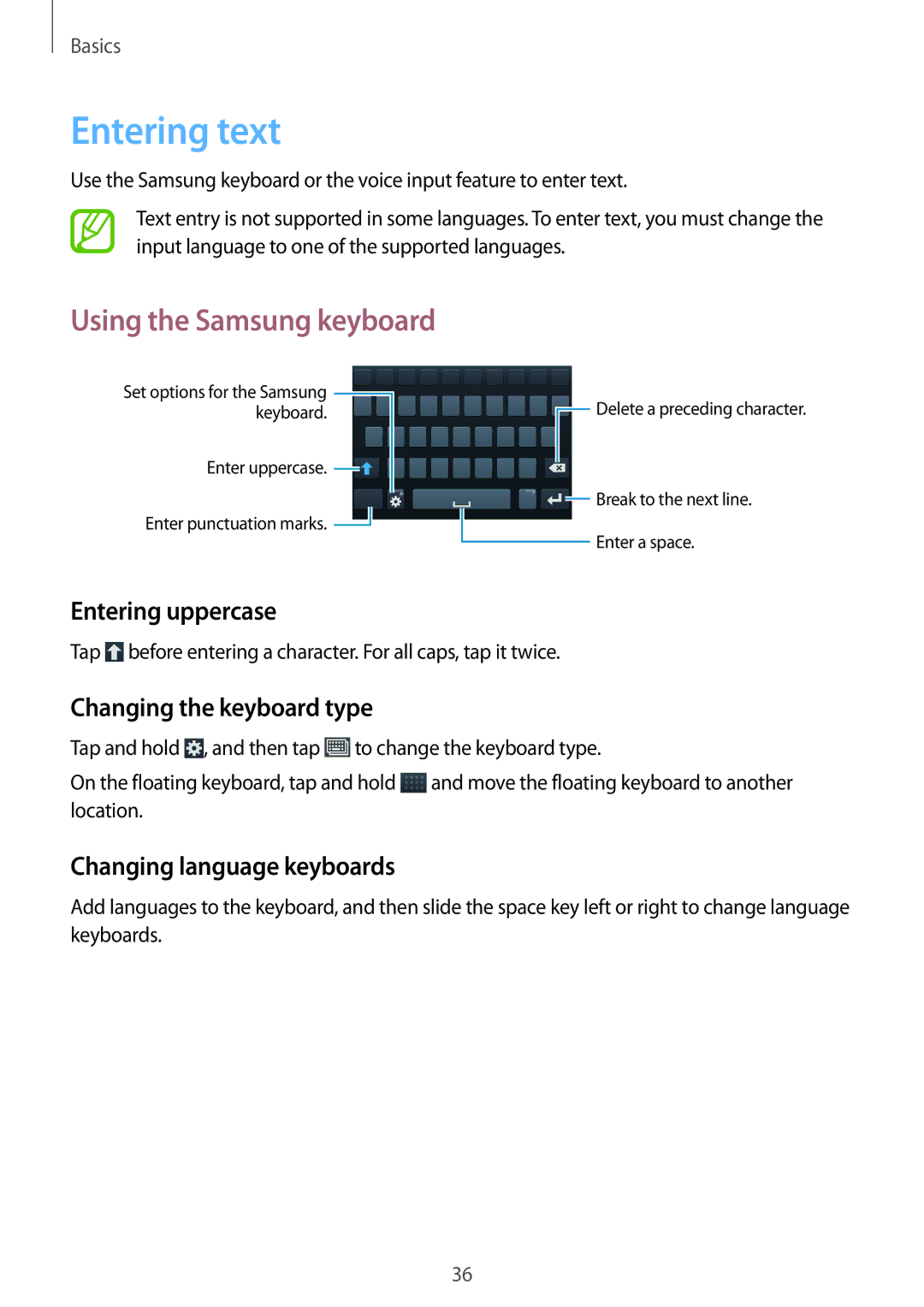 Samsung SM-G7102ZDAWTL manual Entering text, Using the Samsung keyboard, Entering uppercase, Changing the keyboard type 