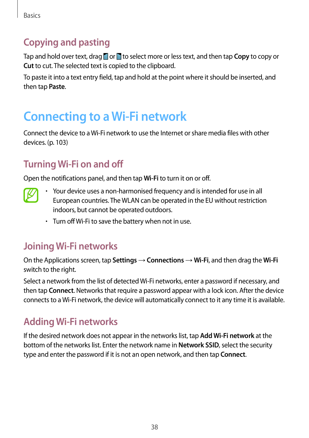 Samsung SM-G7102ZWATMC Connecting to a Wi-Fi network, Copying and pasting, Turning Wi-Fi on and off, Adding Wi-Fi networks 