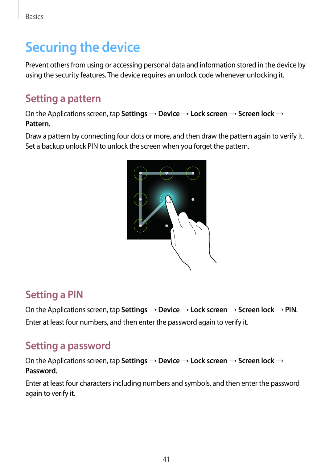 Samsung SM-G7102ZIAACR, SM-G7102ZDAMID manual Securing the device, Setting a pattern, Setting a PIN, Setting a password 