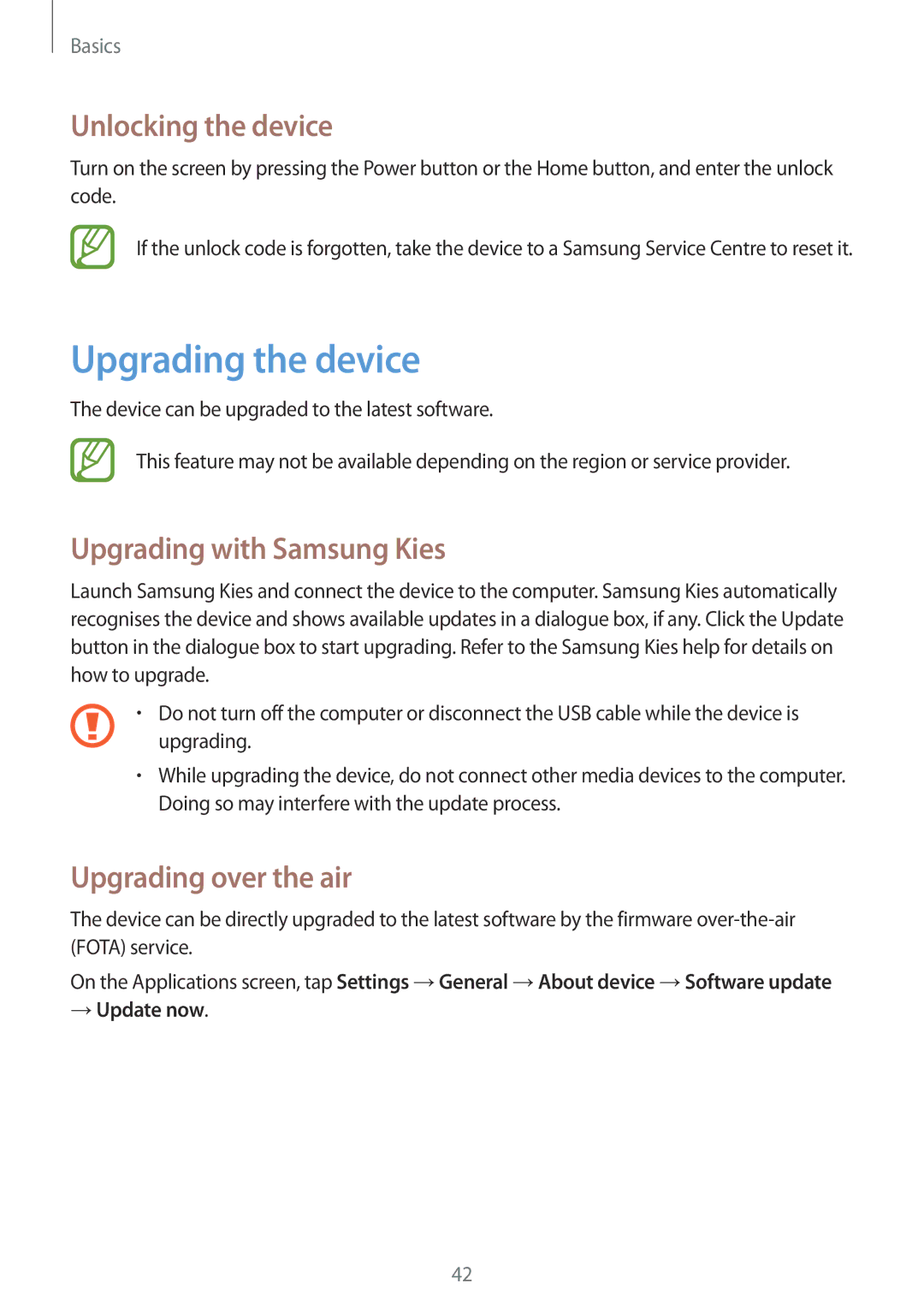 Samsung SM-G7102ZKAMID Upgrading the device, Unlocking the device, Upgrading with Samsung Kies, Upgrading over the air 