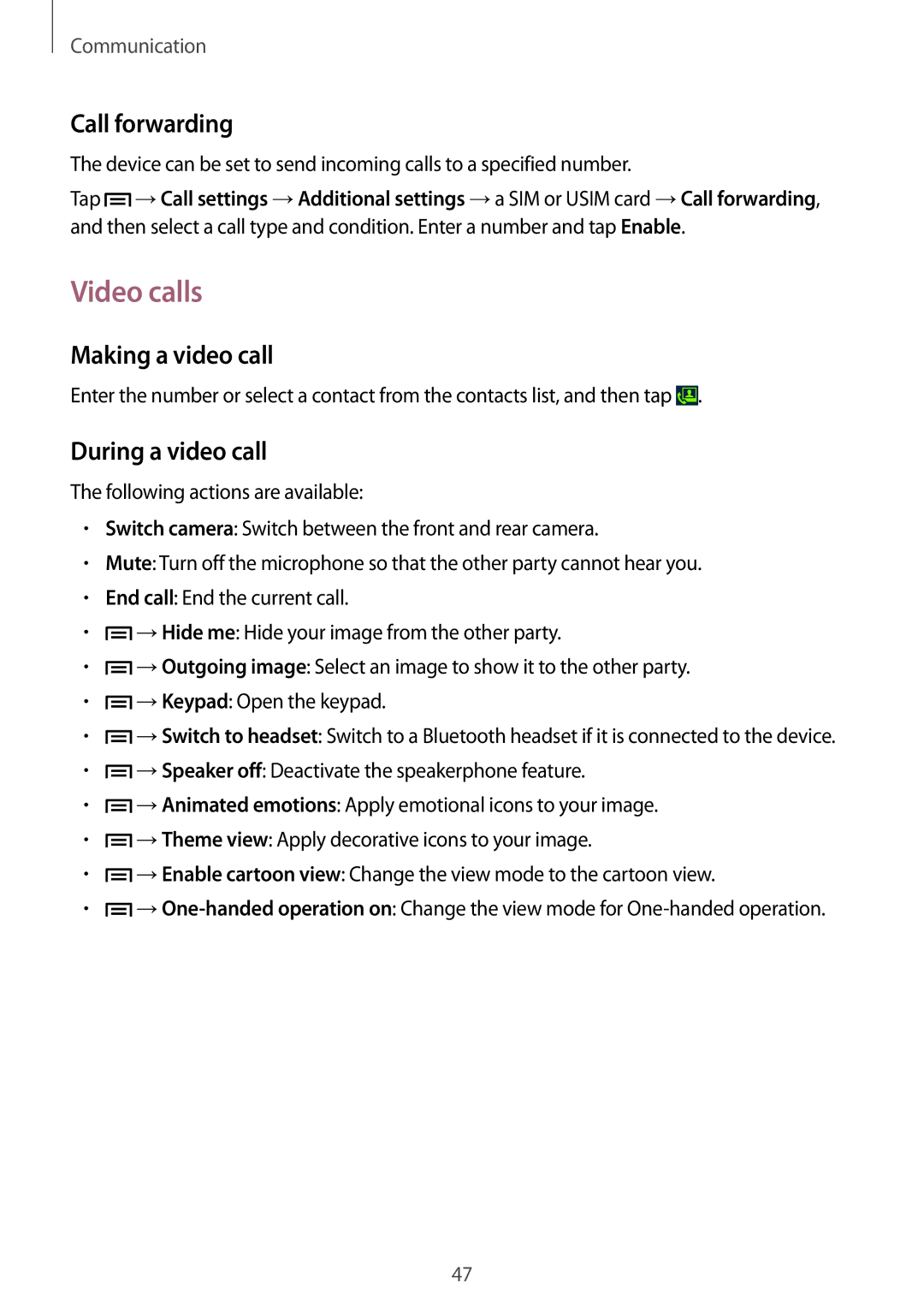 Samsung SM-G7102ZKAAFR, SM-G7102ZDAMID manual Video calls, Call forwarding, Making a video call, During a video call 