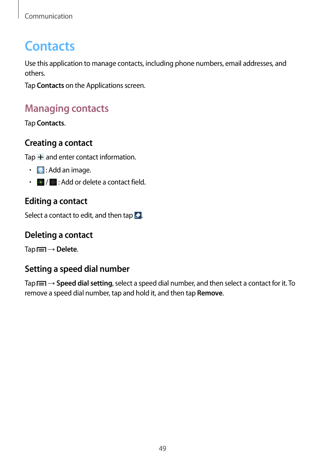 Samsung SM-G7102ZWATHR, SM-G7102ZDAMID, SM-G7102ZDAXSG, SM-G7102ZKATMC, SM-G7102ZKAXFE manual Contacts, Managing contacts 