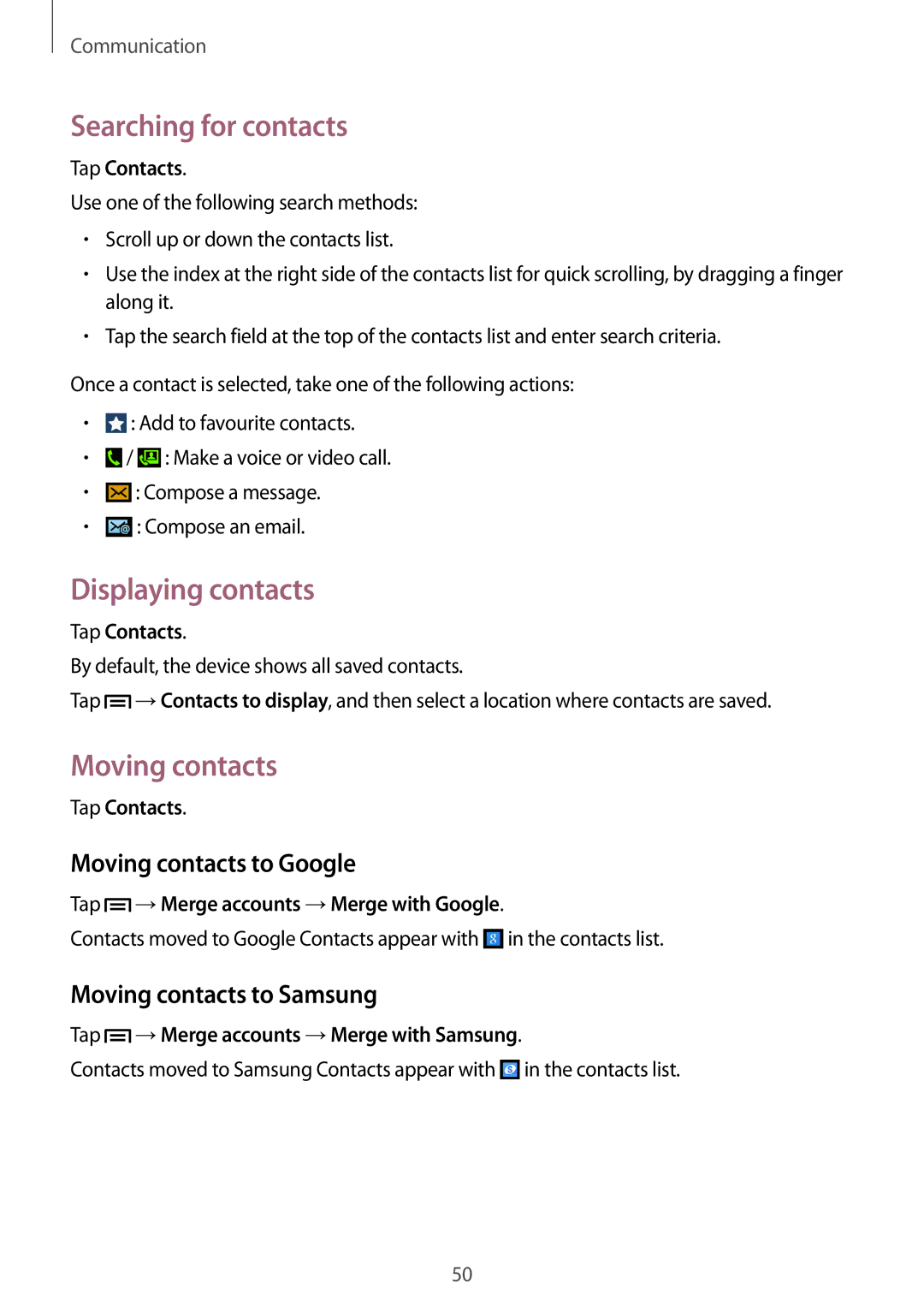 Samsung SM-G7102VBATUN, SM-G7102ZDAMID manual Searching for contacts, Displaying contacts, Moving contacts to Google 