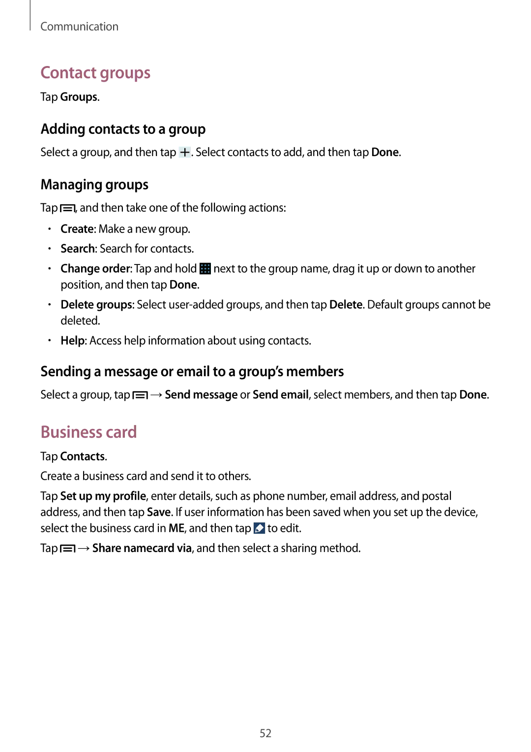 Samsung SM-G7102ZKAXXV, SM-G7102ZDAMID manual Contact groups, Business card, Adding contacts to a group, Managing groups 