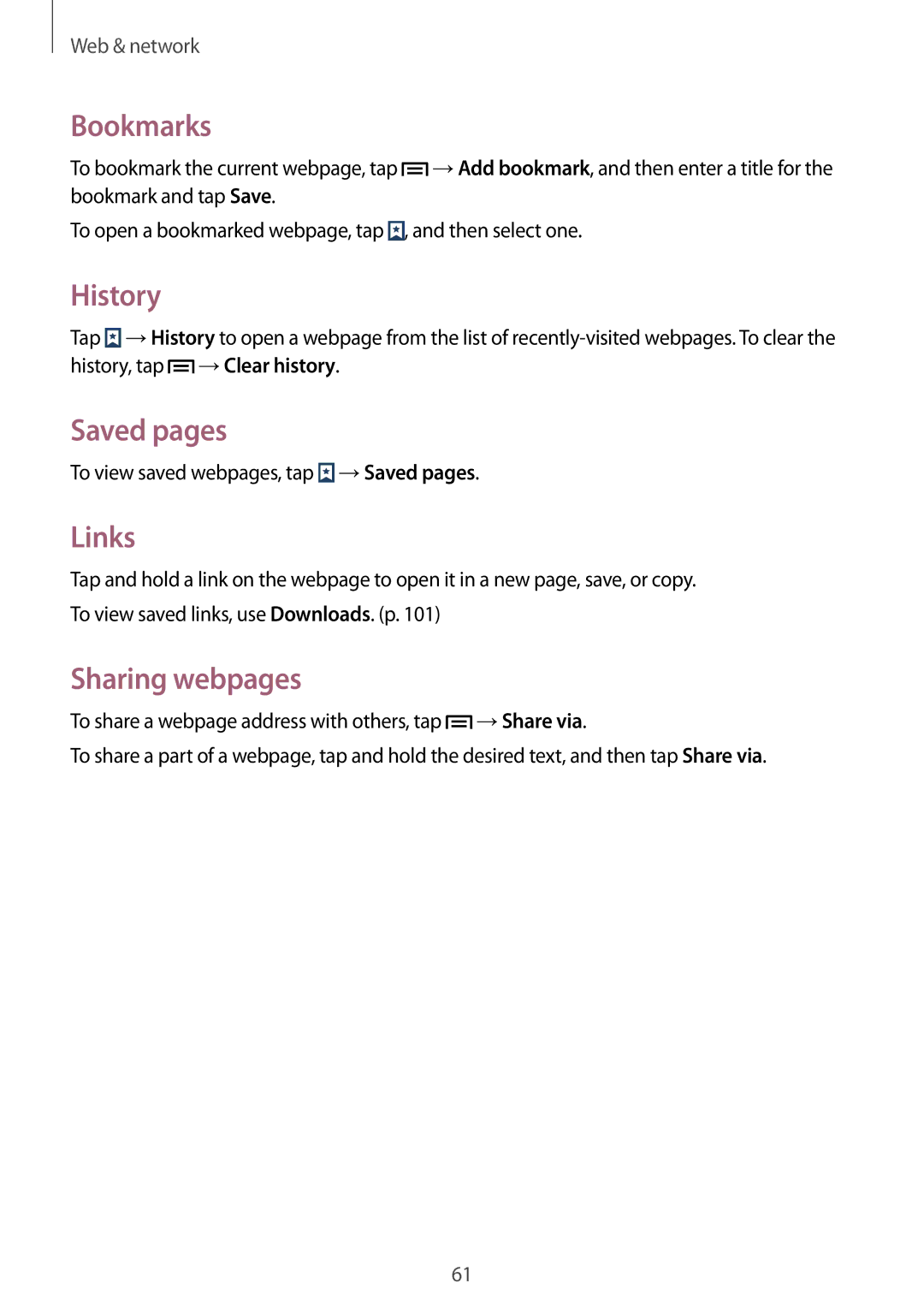 Samsung SM-G7102ZKATMC, SM-G7102ZDAMID, SM-G7102ZDAXSG manual Bookmarks, History, Saved pages, Links, Sharing webpages 