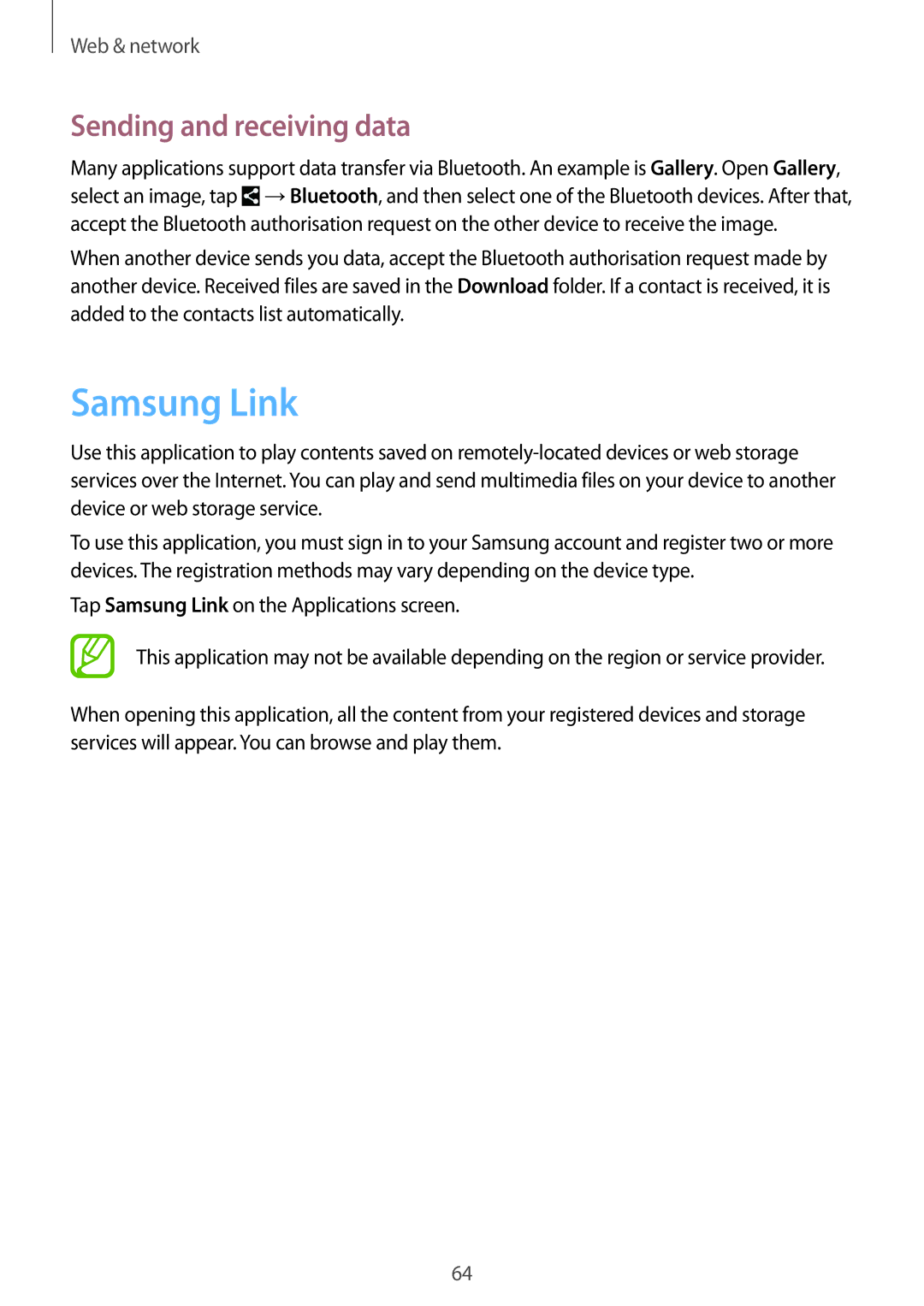 Samsung SM-G7102ZDALYS, SM-G7102ZDAMID, SM-G7102ZDAXSG, SM-G7102ZKATMC manual Samsung Link, Sending and receiving data 