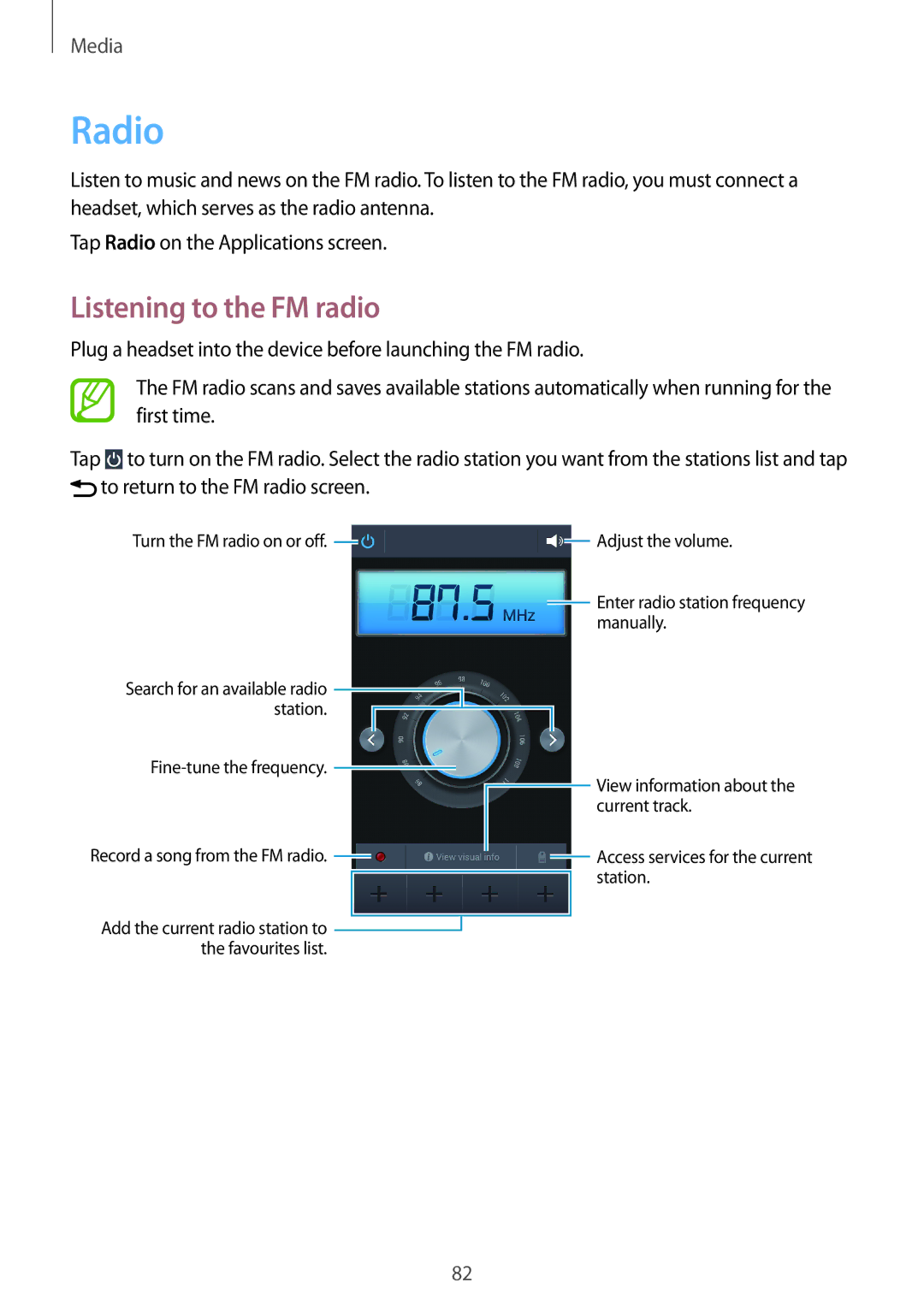 Samsung SM-G7102ZIALYS, SM-G7102ZDAMID, SM-G7102ZDAXSG, SM-G7102ZKATMC, SM-G7102ZKAXFE manual Radio, Listening to the FM radio 