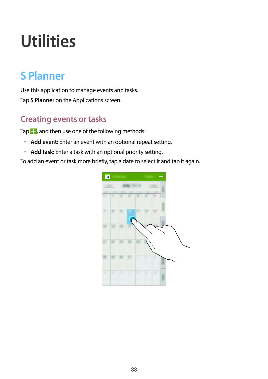 Samsung SM-G7102ZDAAFG, SM-G7102ZDAMID, SM-G7102ZDAXSG, SM-G7102ZKATMC manual Utilities, Planner, Creating events or tasks 