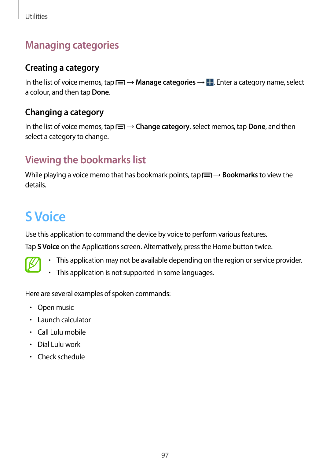 Samsung SM-G7102ZWATMC Voice, Managing categories, Viewing the bookmarks list, Creating a category, Changing a category 